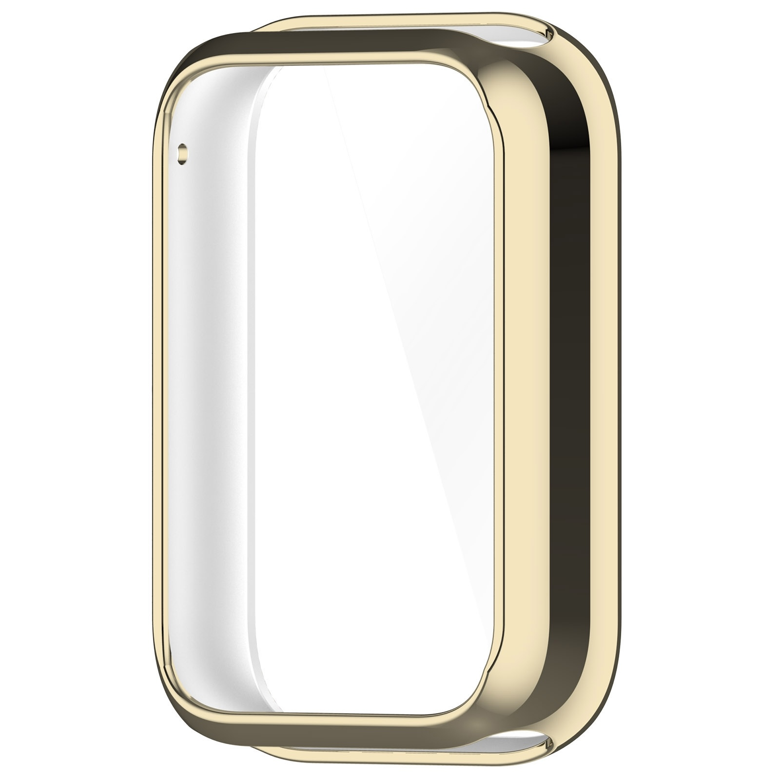 Custodia protettiva dorata e lucida per uno smartwatch rettangolare con protezione schermo.