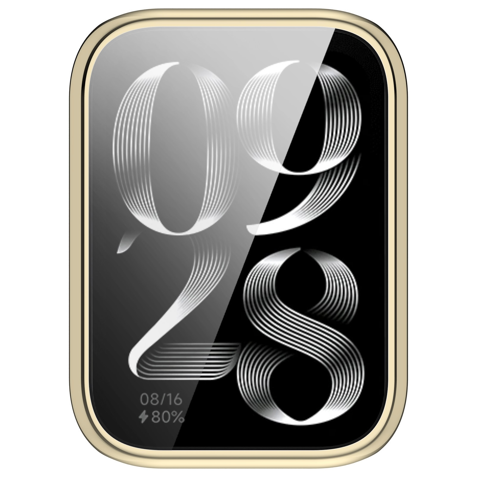 Smartwatch digitale con cassa beige, schermo nero e cifre a linee bianche che mostrano 09:28, data e batteria.