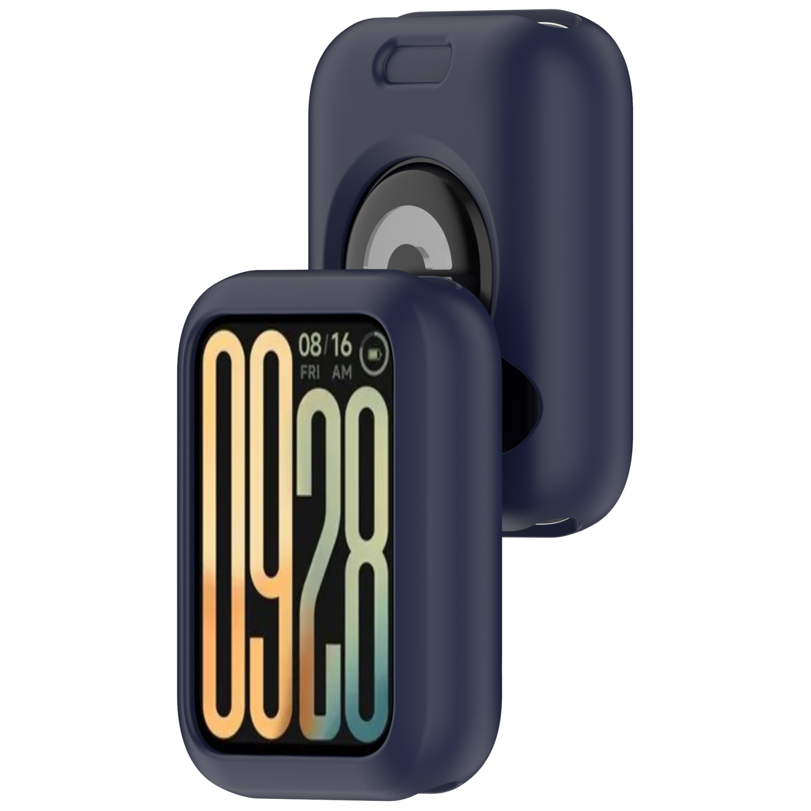 Custodia protettiva blu scuro per smart band rettangolare con ora e data digitali sullo schermo.