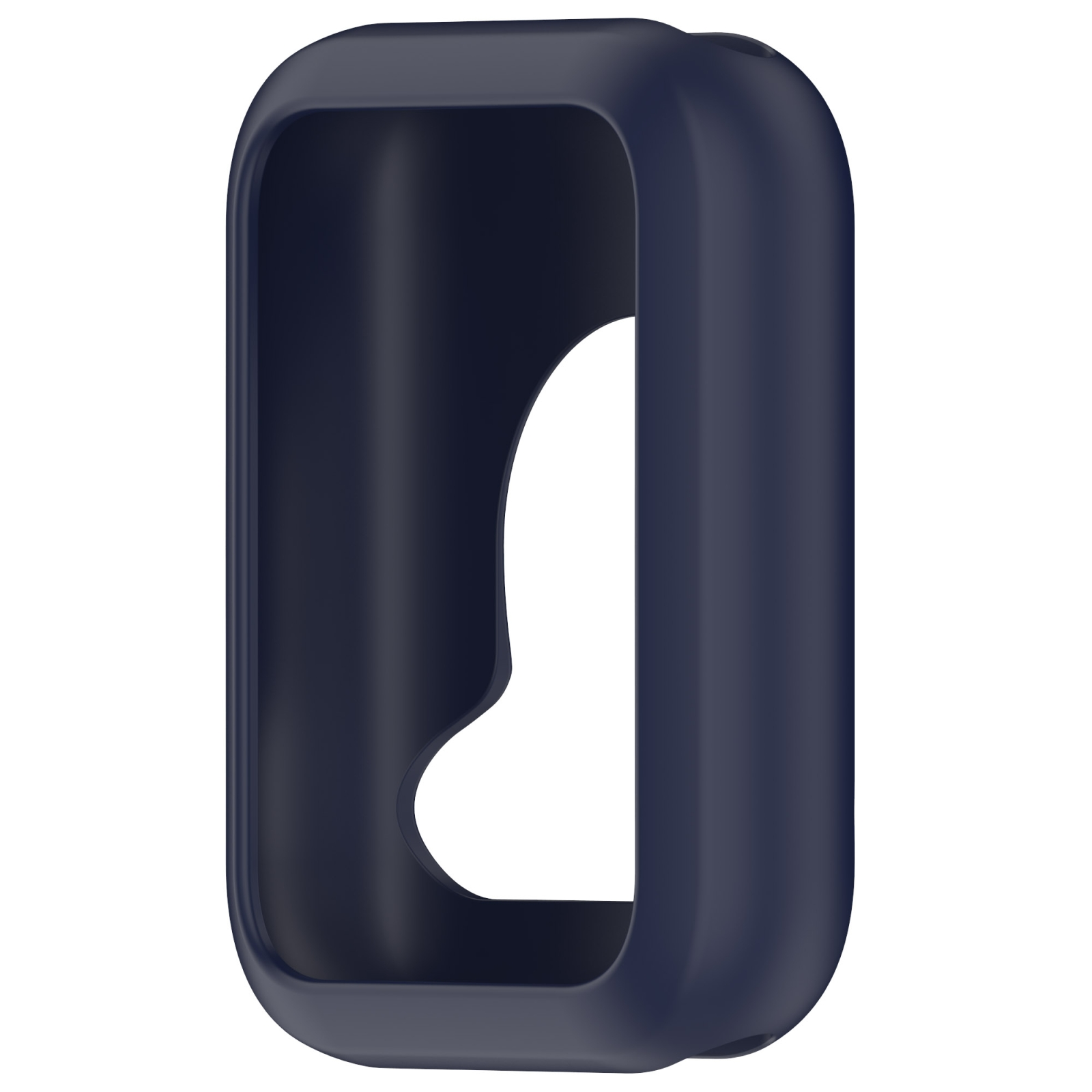 Custodia protettiva in silicone blu scuro per smartwatch con ritagli precisi su sfondo bianco.