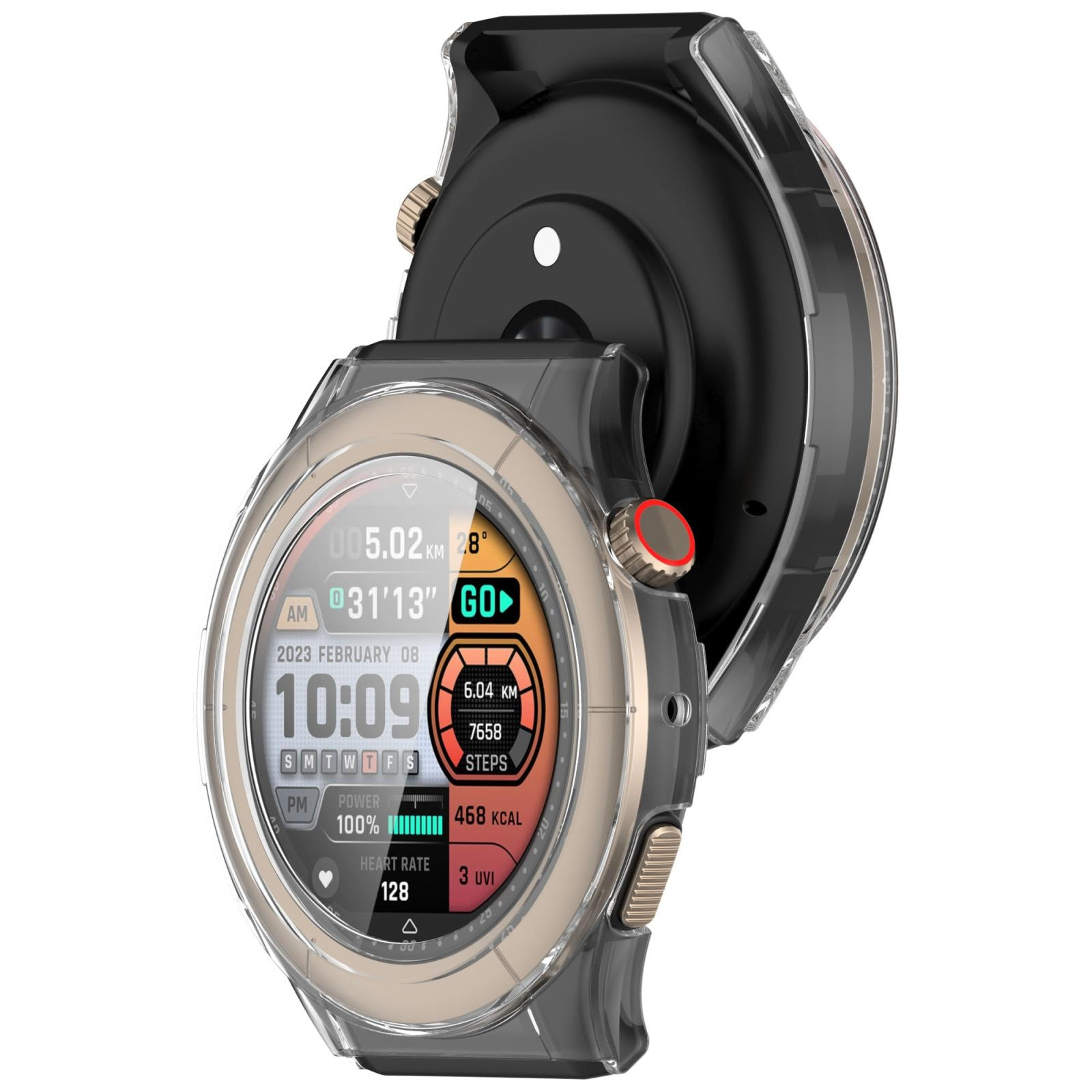 Smartwatch con custodia protettiva trasparente, quadrante digitale, frequenza cardiaca e passi.