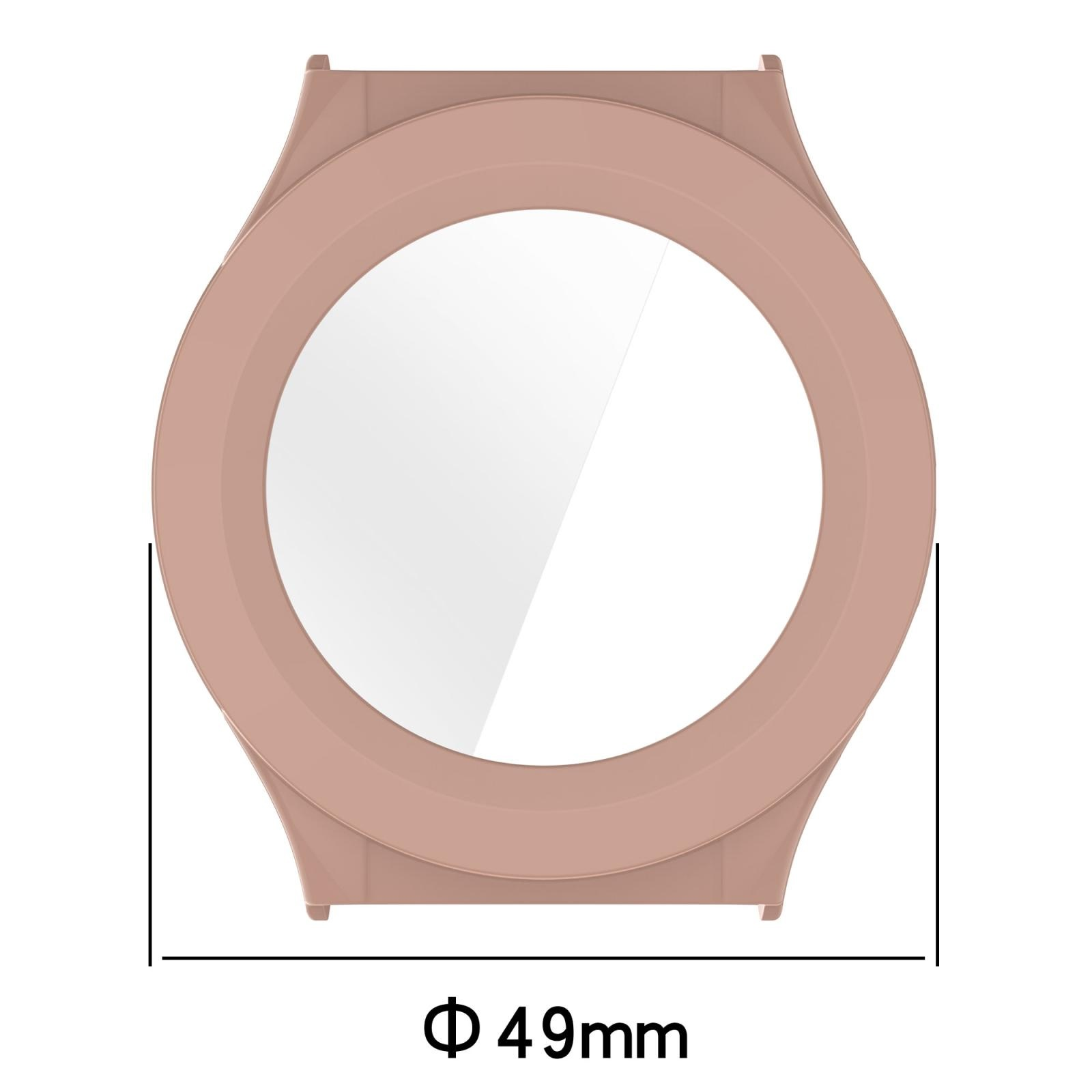 Cassa per smartwatch rosa con diametro di 49 mm su sfondo bianco.