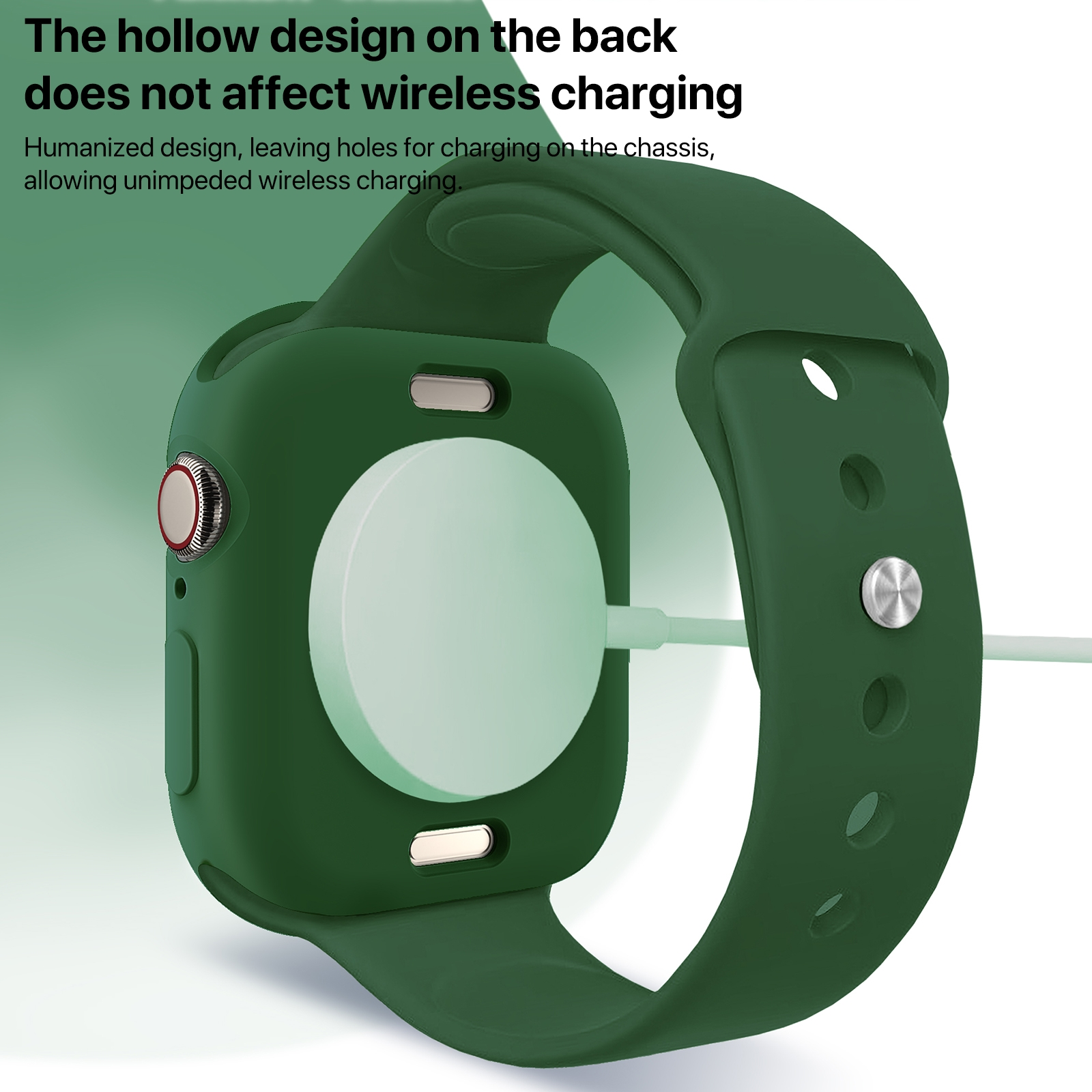 Grüne Smartwatch im Silikonetui wird kabellos geladen.