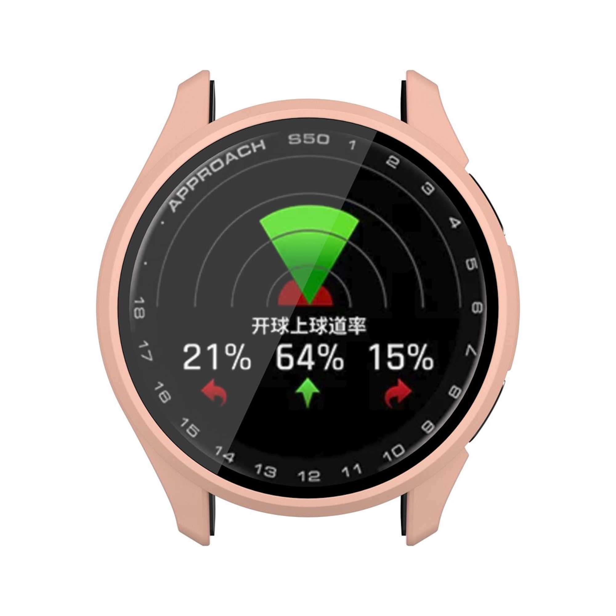Uno smartwatch rosa con schermo nero mostra grafici verdi e rossi e percentuali.