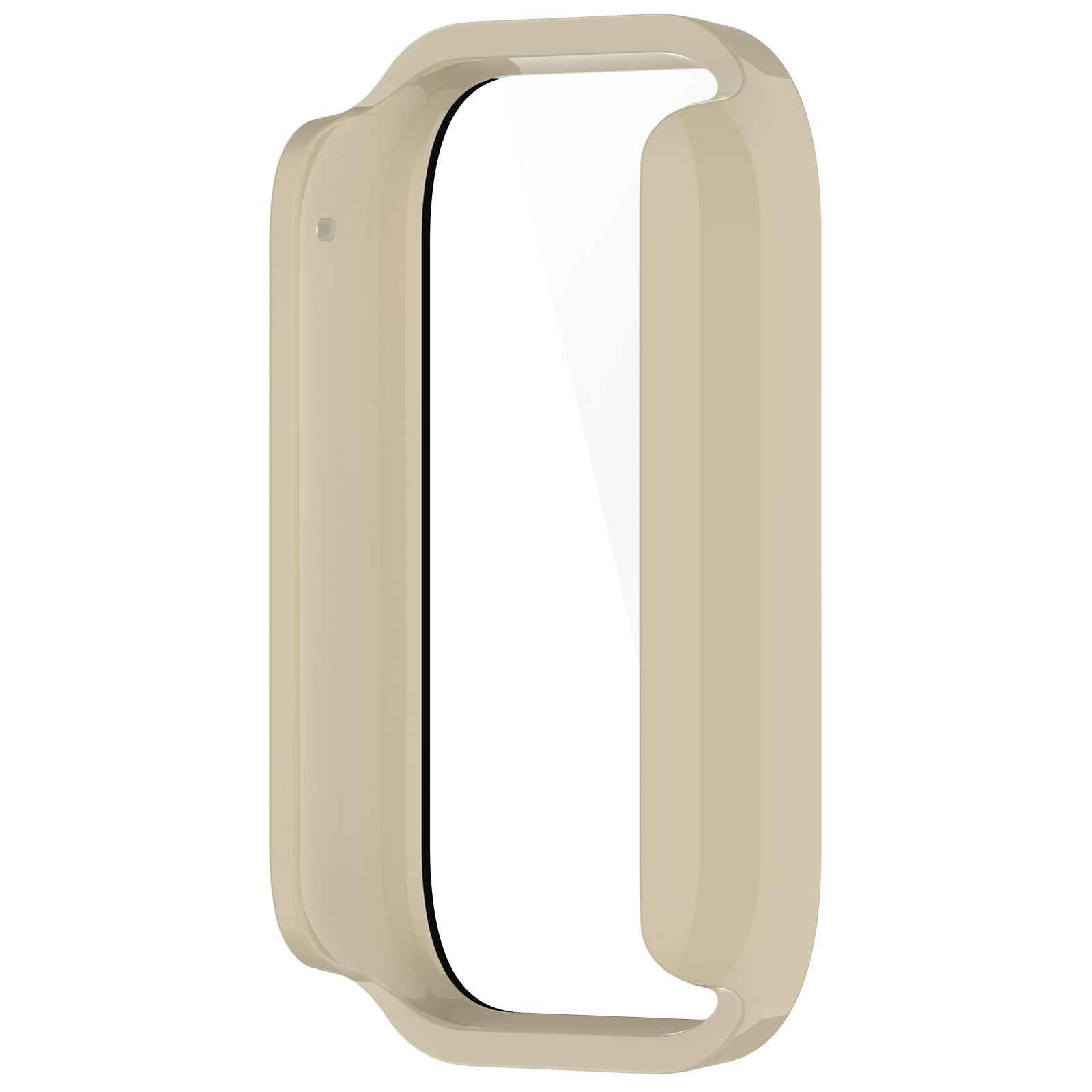 Ein beiges Schutzgehäuse für Smartwatches mit glänzender Oberfläche und Aussparungen auf weißem Hintergrund.