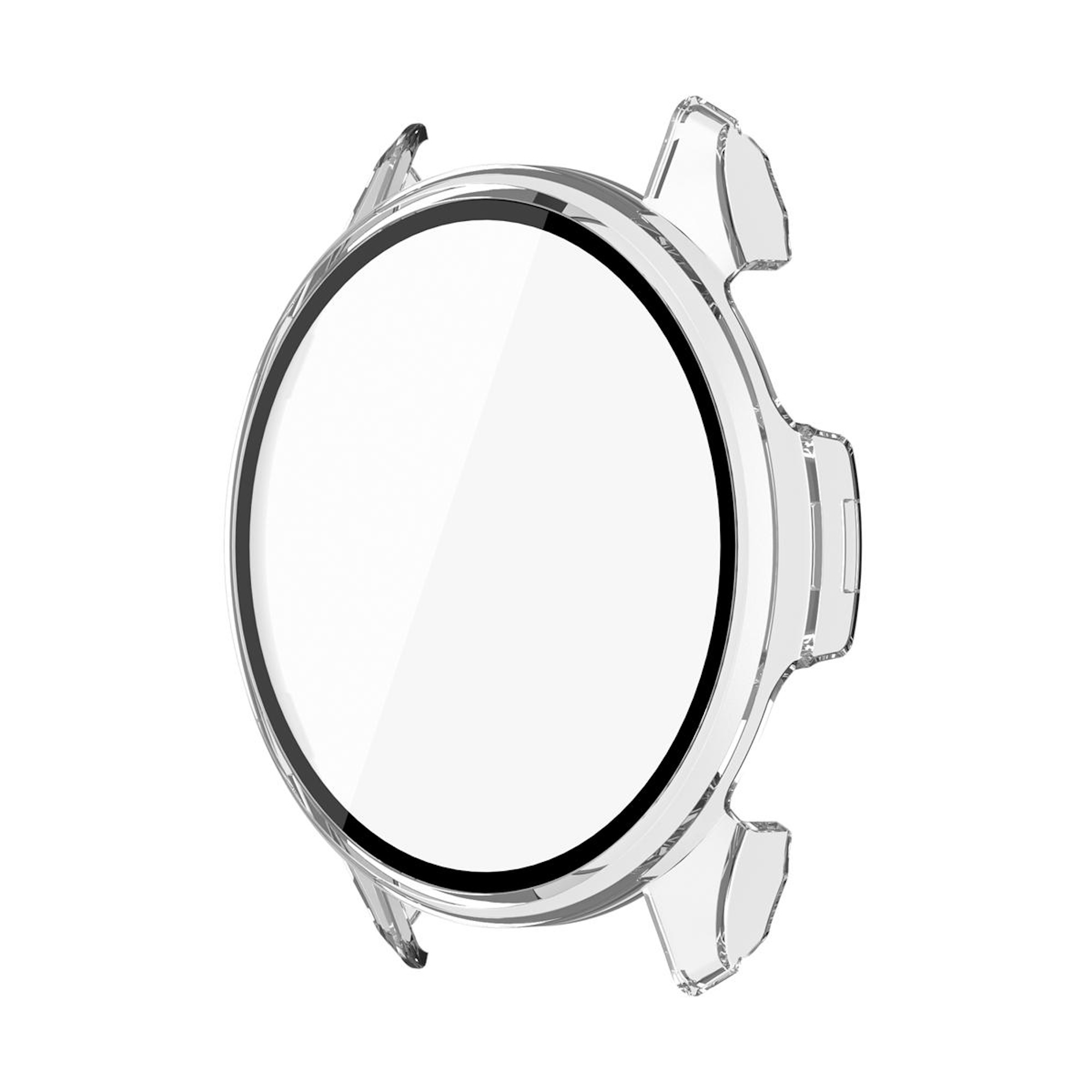 Transparente Schutzhülle für eine Smartwatch vor weißem Hintergrund.