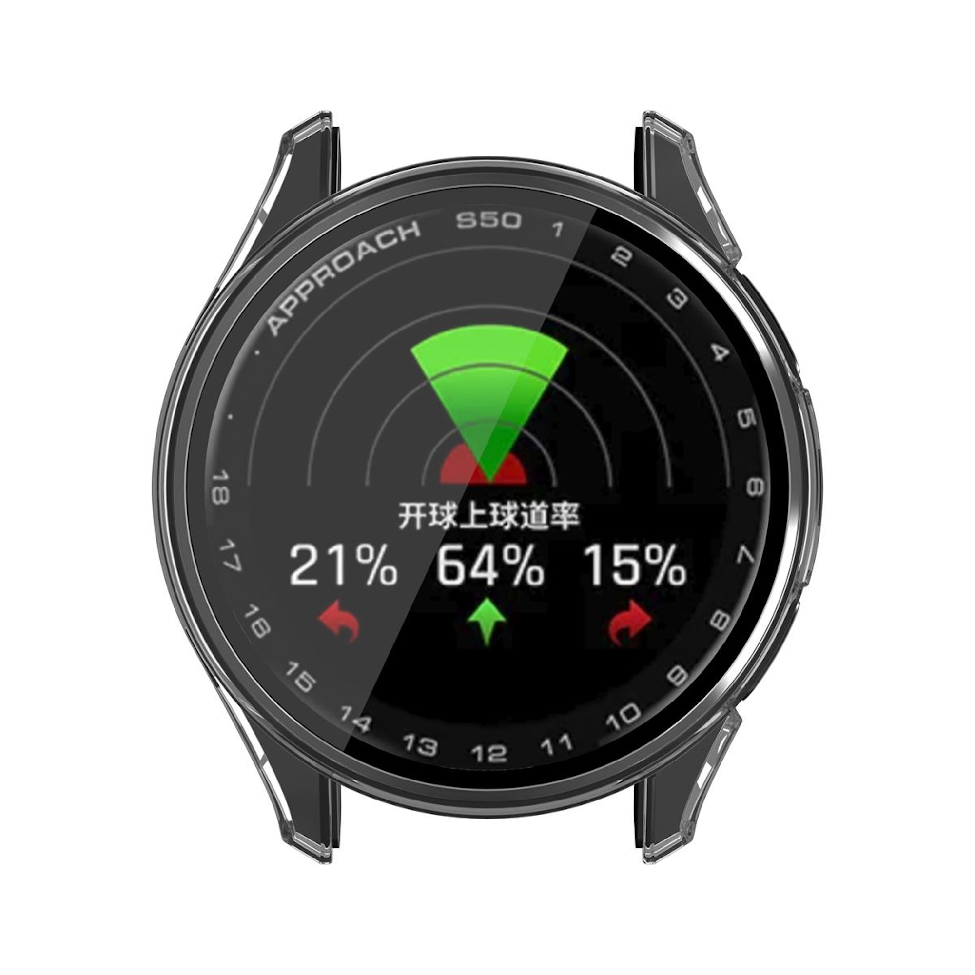 Eine Smartwatch mit schwarzem Gehäuse zeigt eine Golf-App mit Statistiken und Radar auf dem Bildschirm.