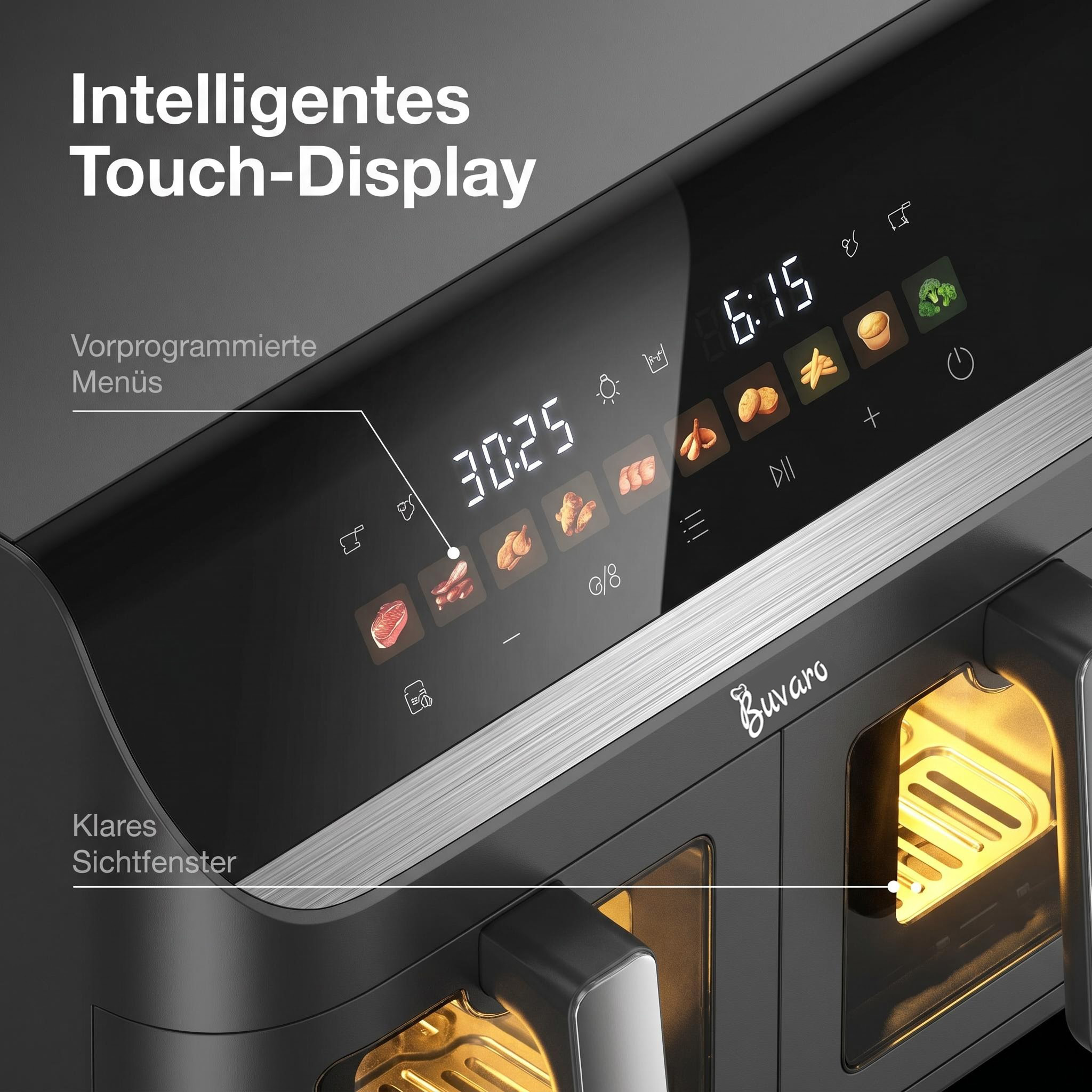 Luftfritteuse mit Touch-Display und beleuchtetem Sichtfenster.