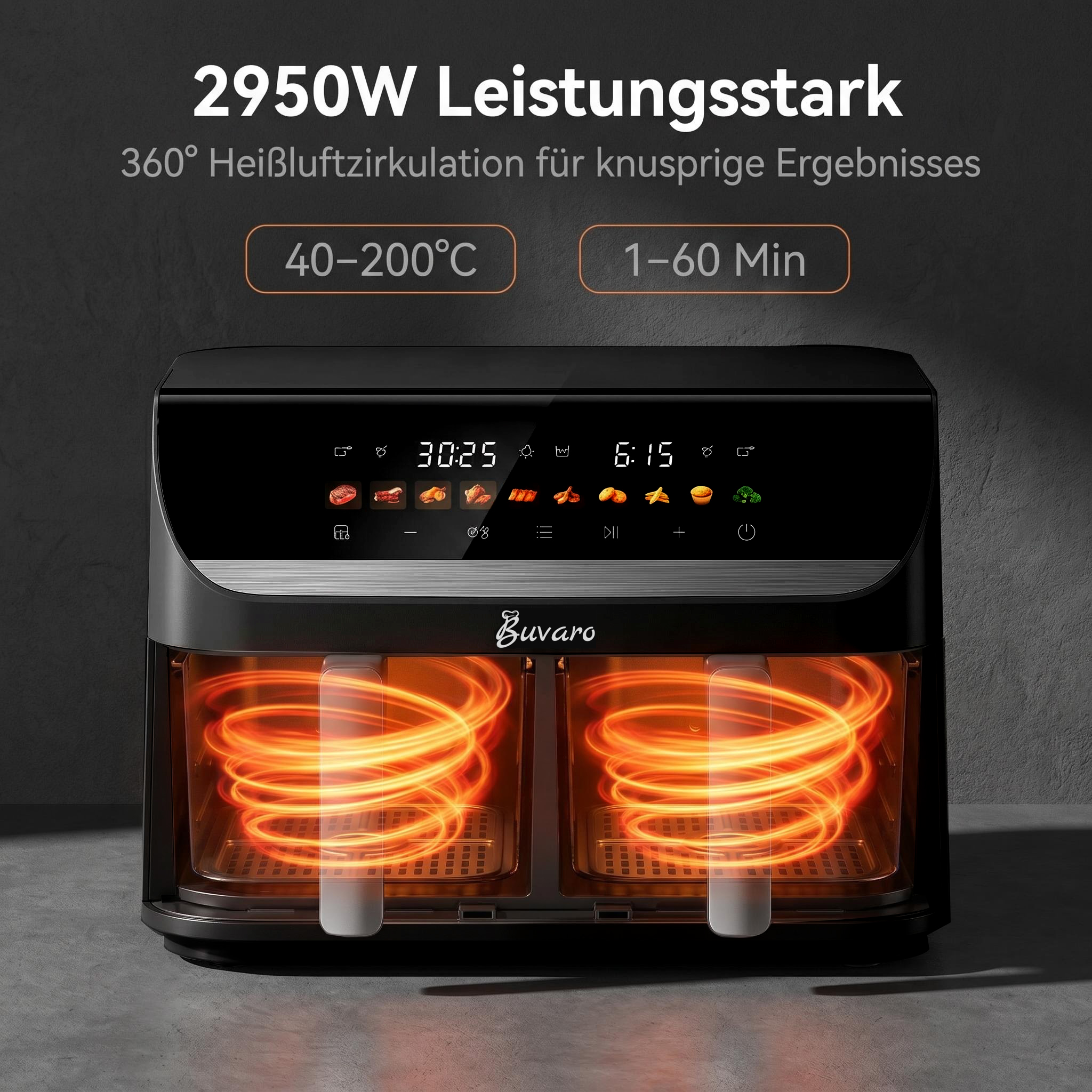 Schwarze Doppel-Heißluftfritteuse mit digitalem Display und leuchtenden orangen Spiralen in den Fenstern.