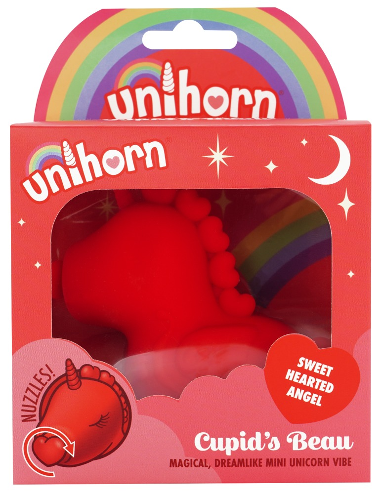 Eine rote Verpackung mit Einhorn-Motiven, Regenbogen und dem Text Sweet Hearted Angel.