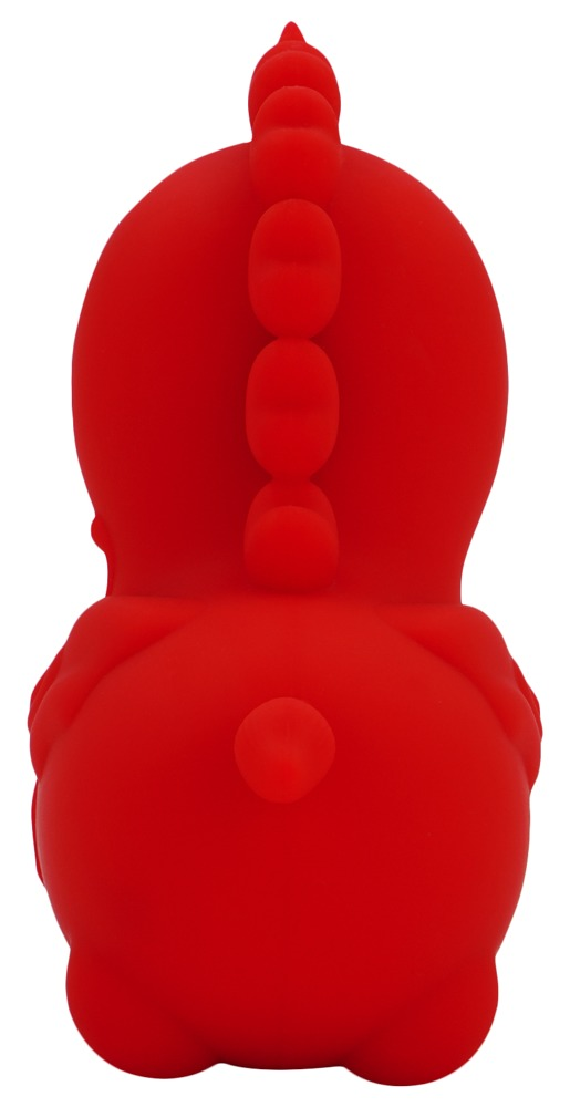 Rotes Dino-Spielzeug von hinten, mit Stacheln auf dem Kopf und einem kleinen Schwanz auf weißem Hintergrund.