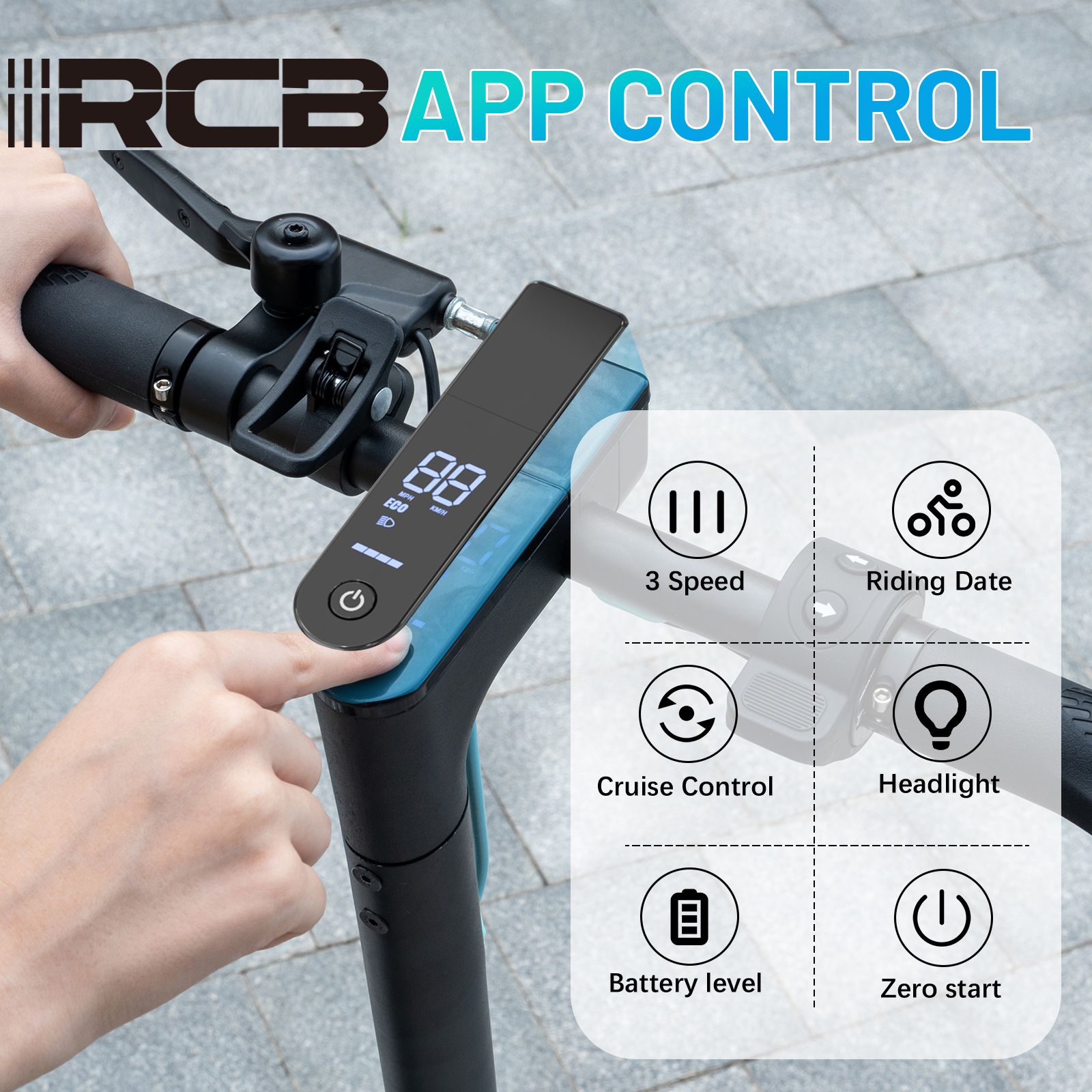 Nahaufnahme eines Elektroroller-Lenkers mit Display und App-Steuerungs-Icons.