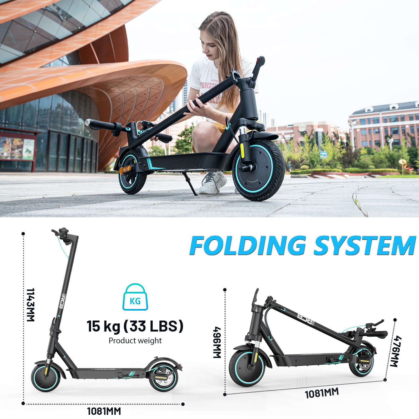 Eine Frau klappt einen schwarzen E-Scooter auf; darunter zeigen Diagramme die Abmessungen und das Gewicht von 15 kg.