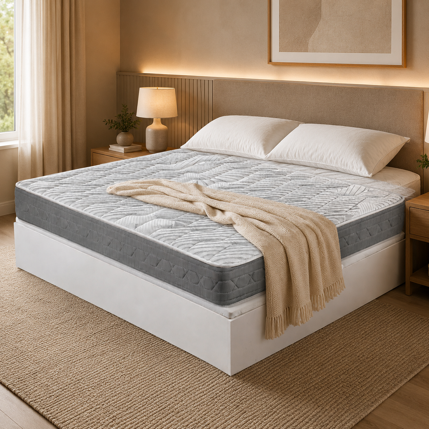 Un dormitorio acogedor con una cama grande, colchón gris, almohadas blancas y una manta beis.