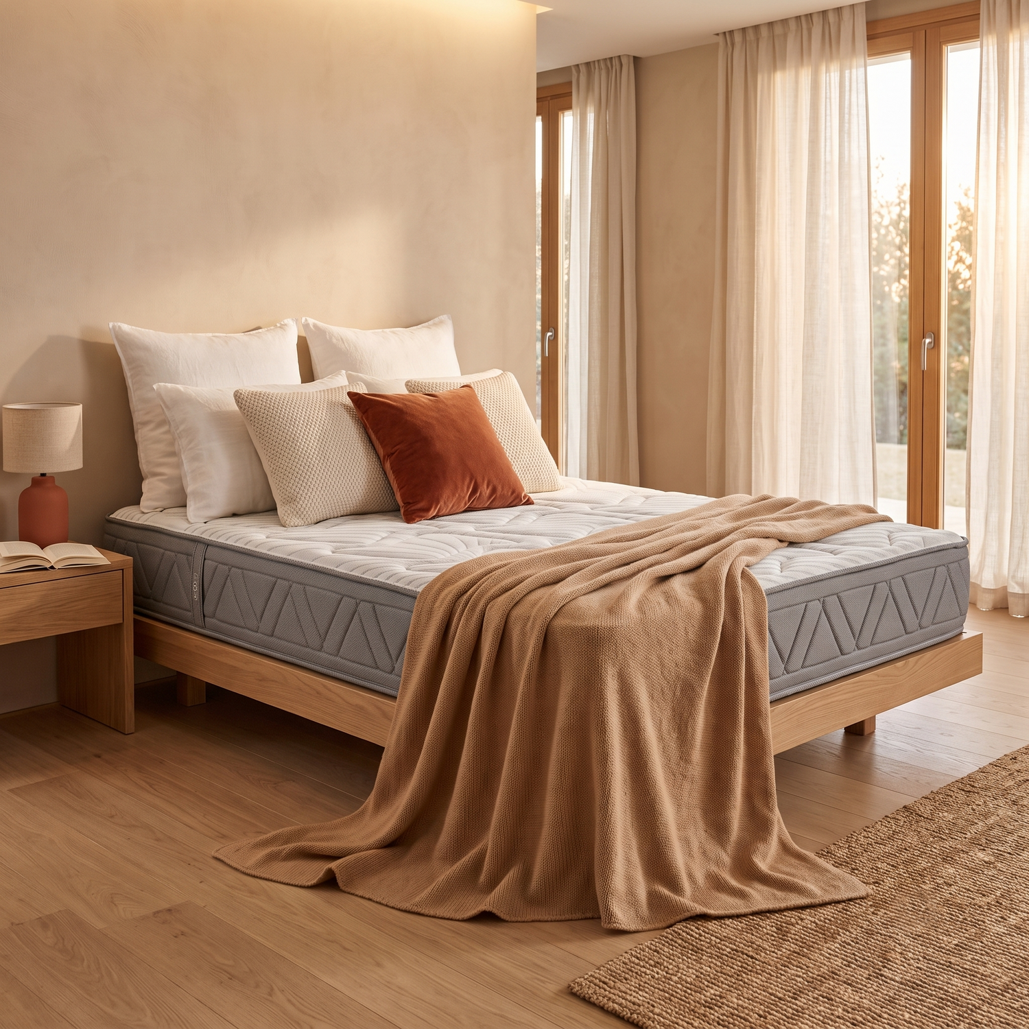Una cama hecha con cojines y una manta en un dormitorio soleado con suelos de madera y cortinas traslúcidas.