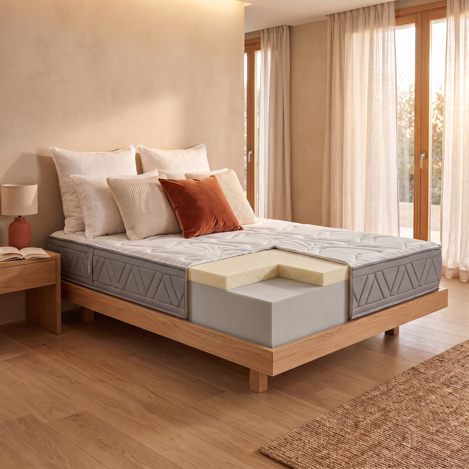 Una cama con un colchón cortado que muestra capas de espuma, en un dormitorio luminoso.