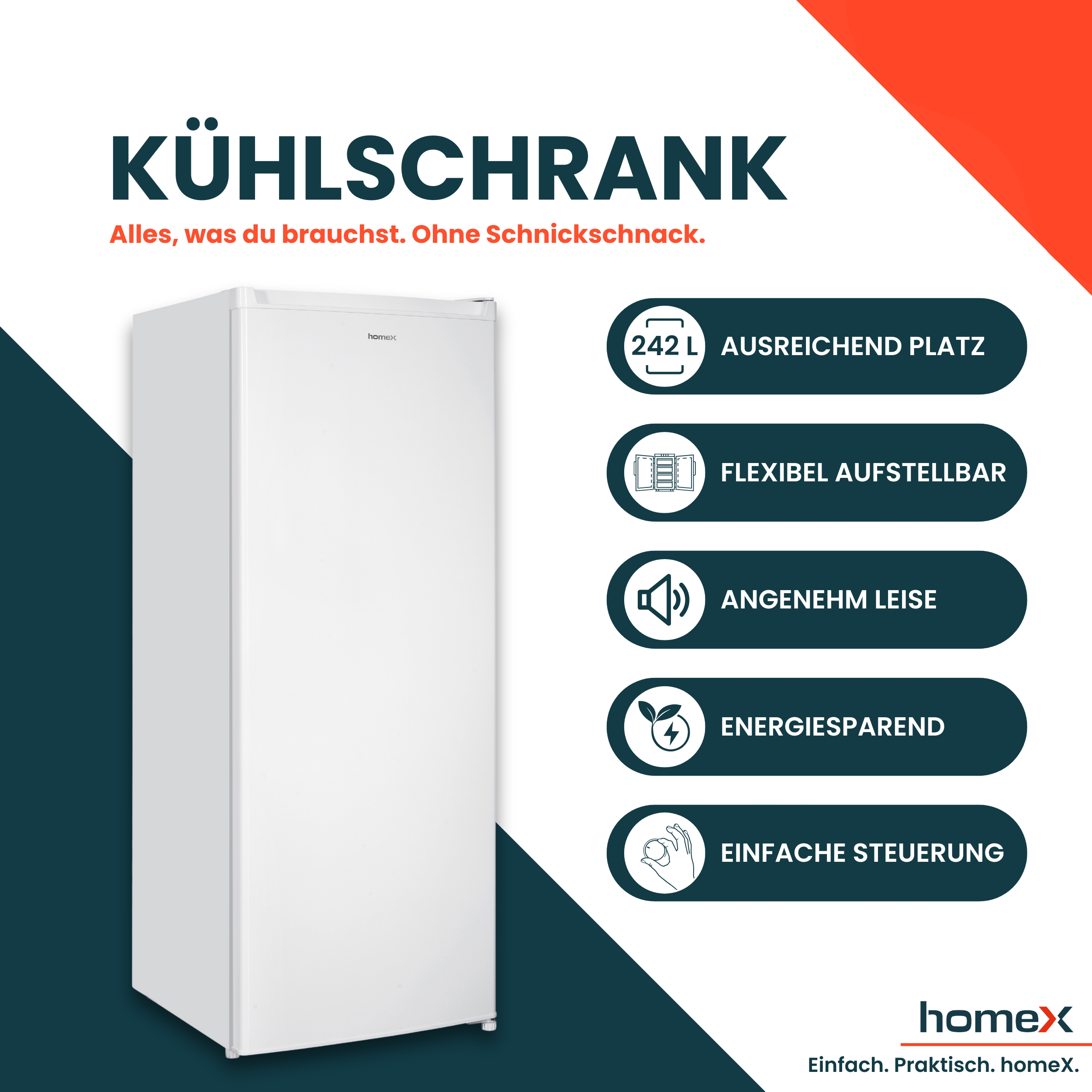 Ein weißer Homex Kühlschrank mit fünf Feature-Icons rechts auf weiß-blauem Hintergrund.