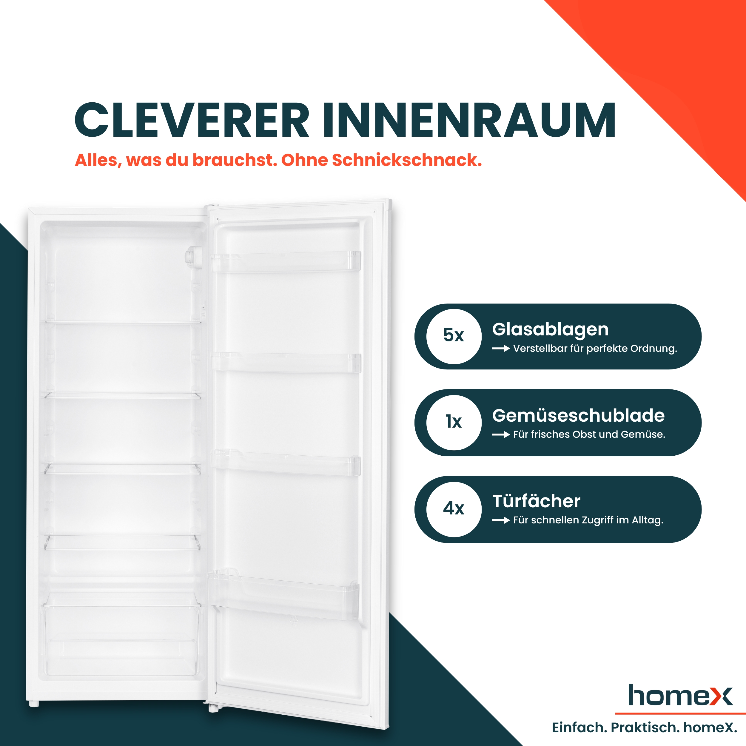 Geöffneter weißer Kühlschrank mit Text und Feature-Hinweisen zur Innenausstattung.