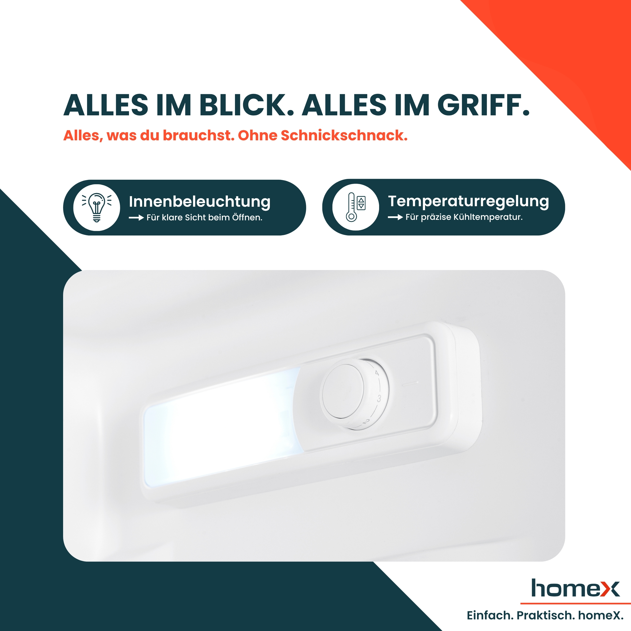 Kühlschrankinnenraum mit weißem Regler und integrierter Beleuchtung. Text zu Innenbeleuchtung und Temperaturregelung.