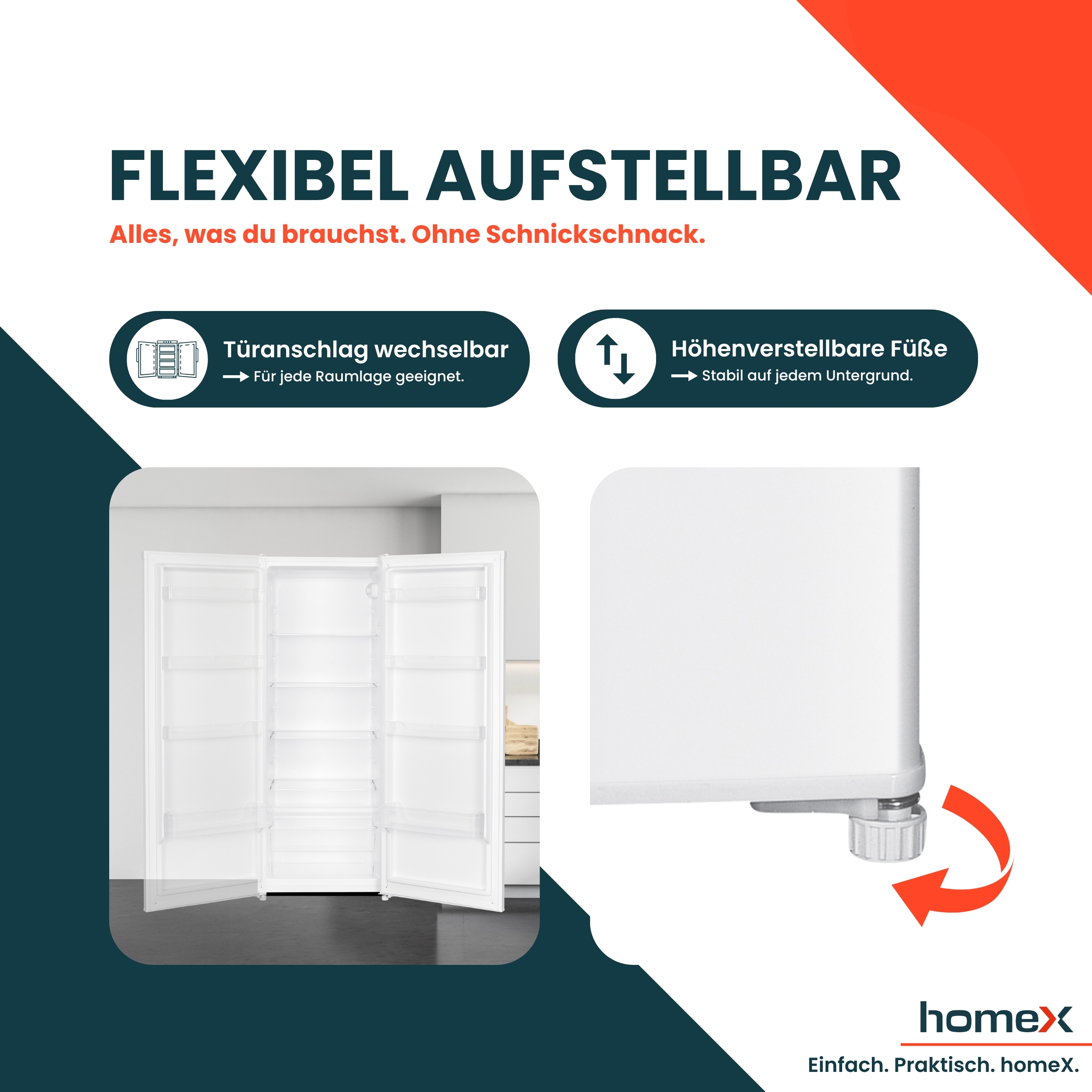 Eine Haushaltsgeräte-Werbung mit höhenverstellbaren Füßen und wechselbarem Türanschlag.