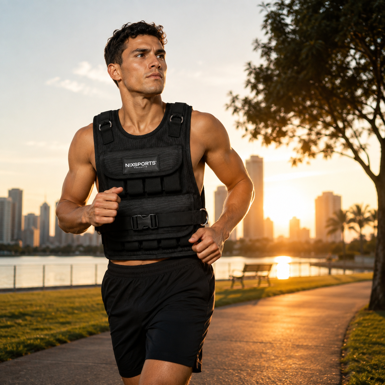 Un hombre con chaleco de peso negro corre por un sendero junto al agua al atardecer, con horizonte de ciudad.