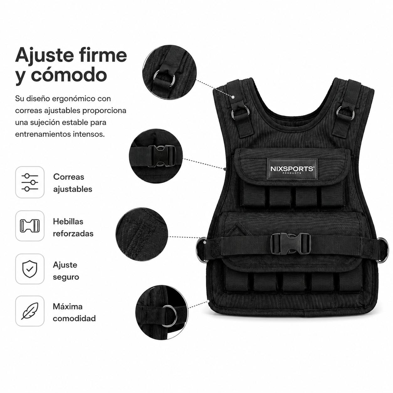 Chaleco con peso negro, correas ajustables, hebillas reforzadas y diseño ergonómico para entrenamientos seguros.