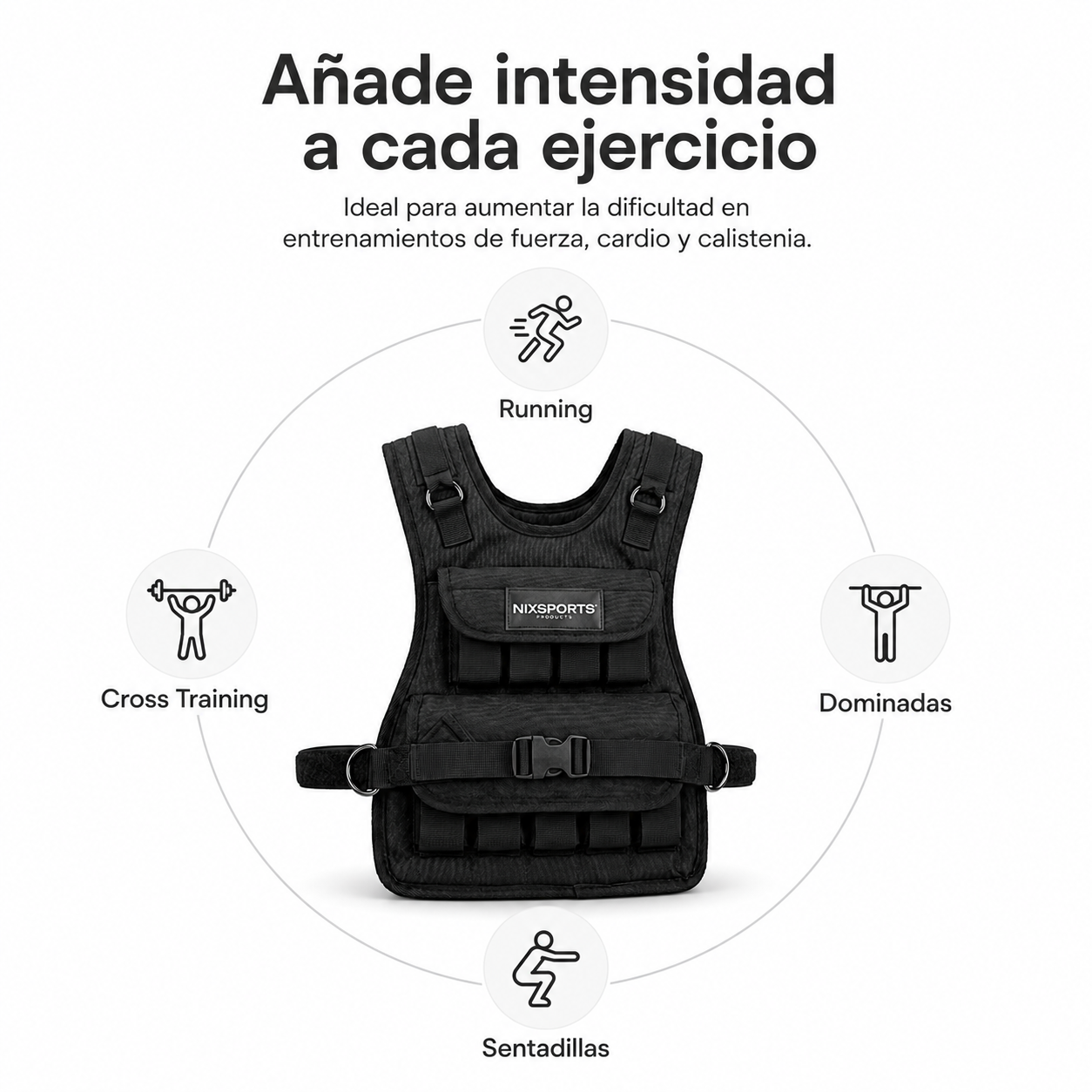 Un chaleco lastrado negro centrado con iconos alrededor para correr, dominadas, sentadillas y cross training.