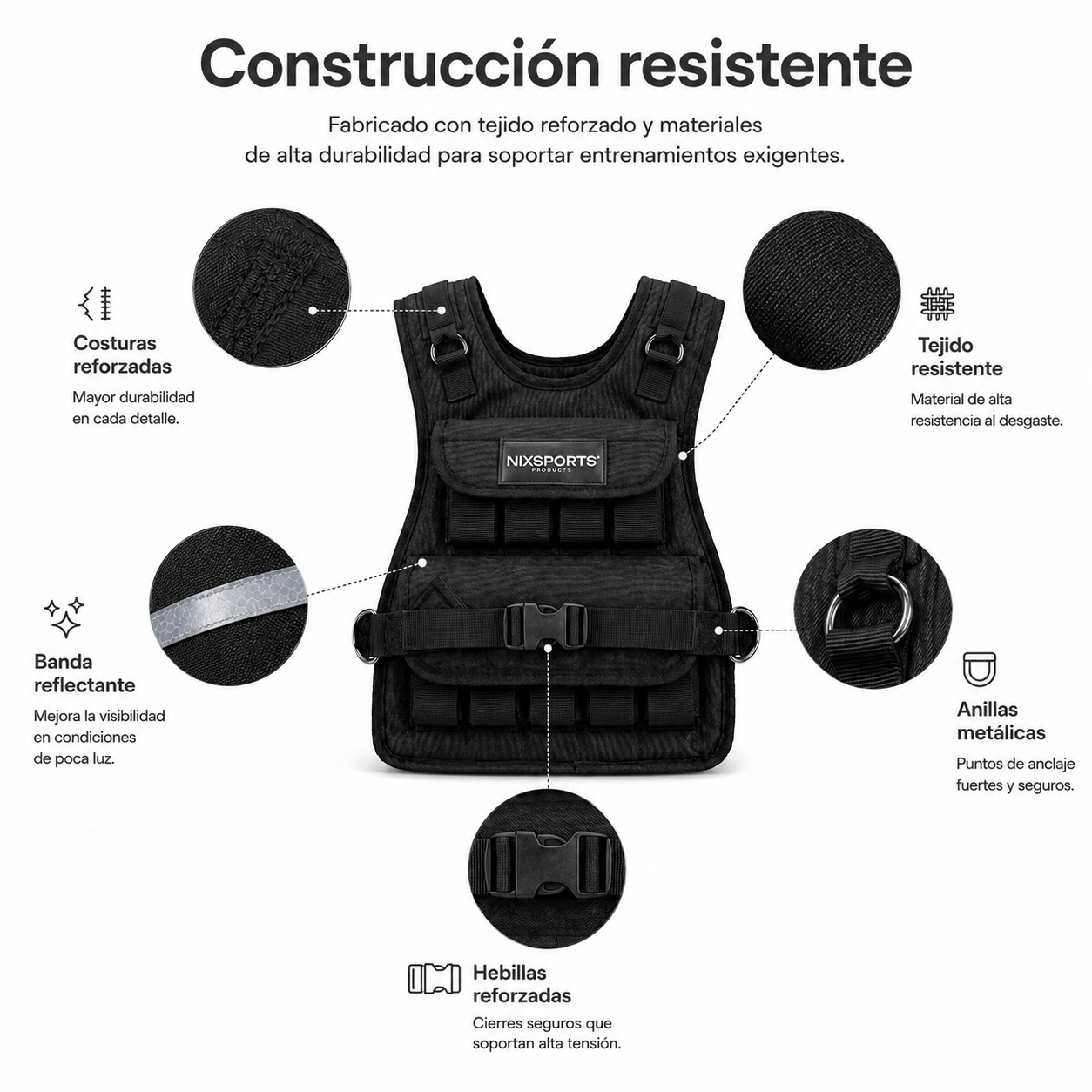 Un chaleco con peso negro con costuras reforzadas, bandas reflectantes y anillas metálicas, con detalles ampliados.