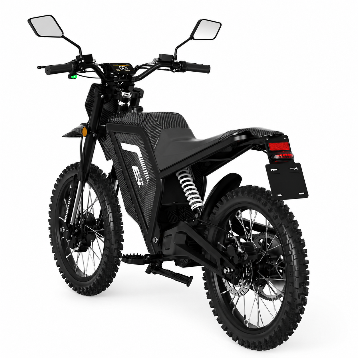 Ein schwarzes elektrisches Dirt-Bike von hinten mit Stollenreifen, Rückspiegeln und weißer Federung auf weißem Grund.