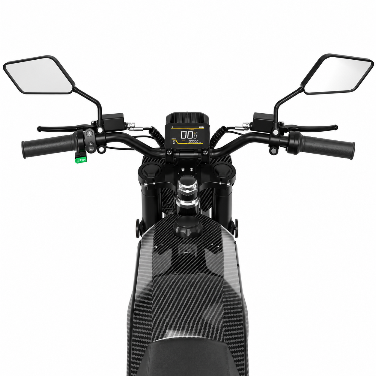 Lenkertaspekt eines schwarzen Motorrads mit Karbonmuster, rechteckigen Spiegeln und digitalem Display vor weißem Hintergrund.
