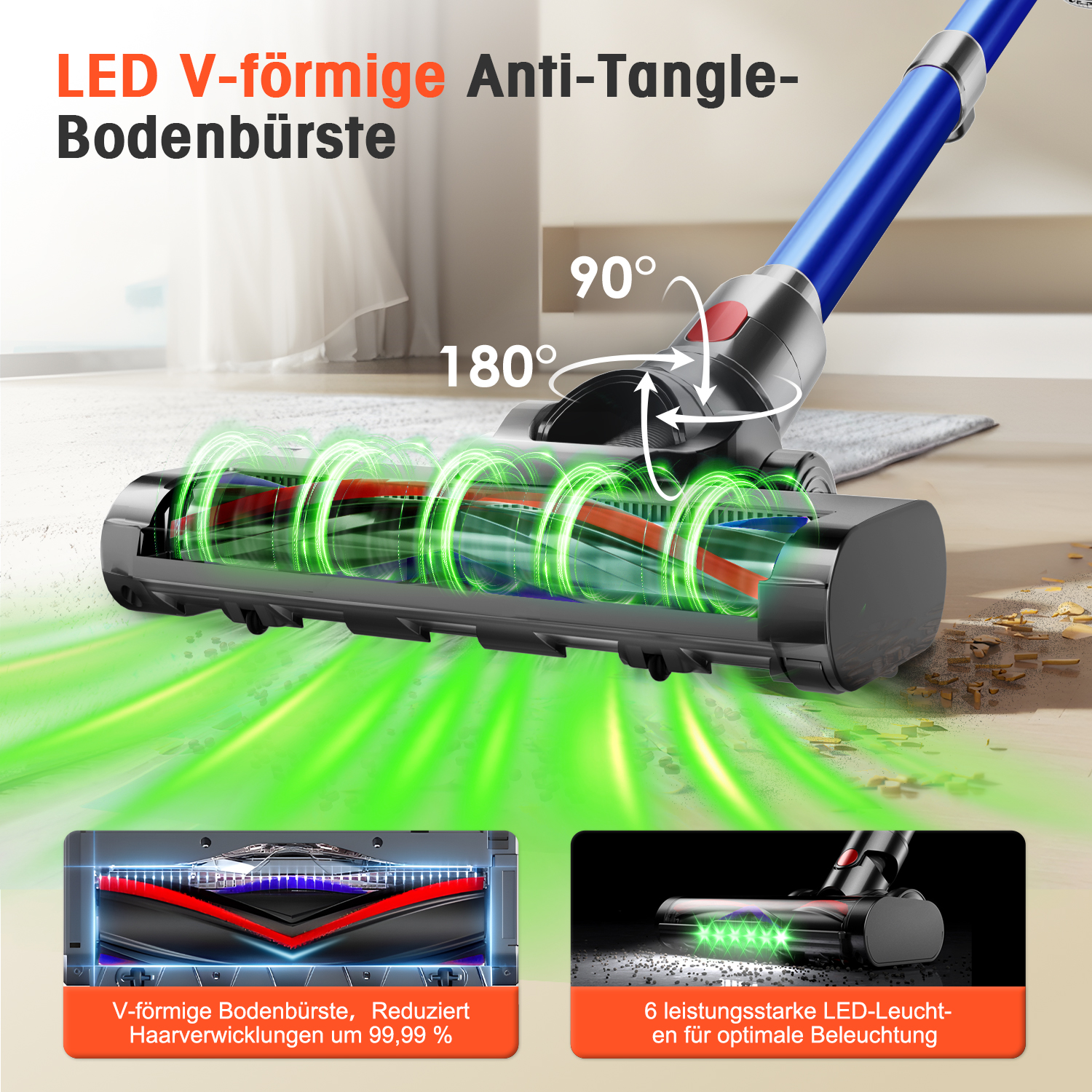 LED V-förmige Anti-Tangle-Bodenbürste mit 180° und 90° Drehung und grüner Beleuchtung.