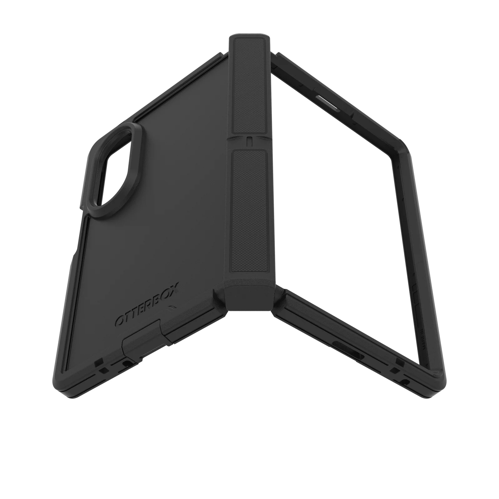A black, two-piece OtterBox phone case for a foldable smartphone on a white background.