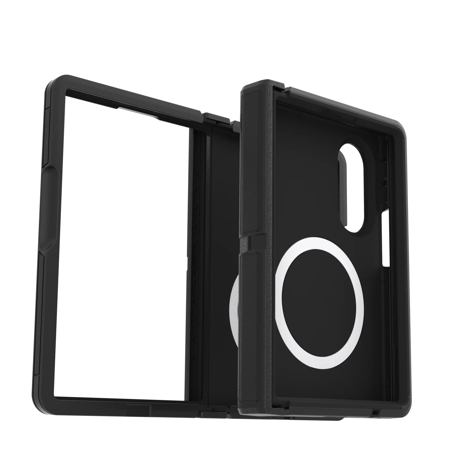 A black, rugged smartphone case with an integrated white ring on the back.