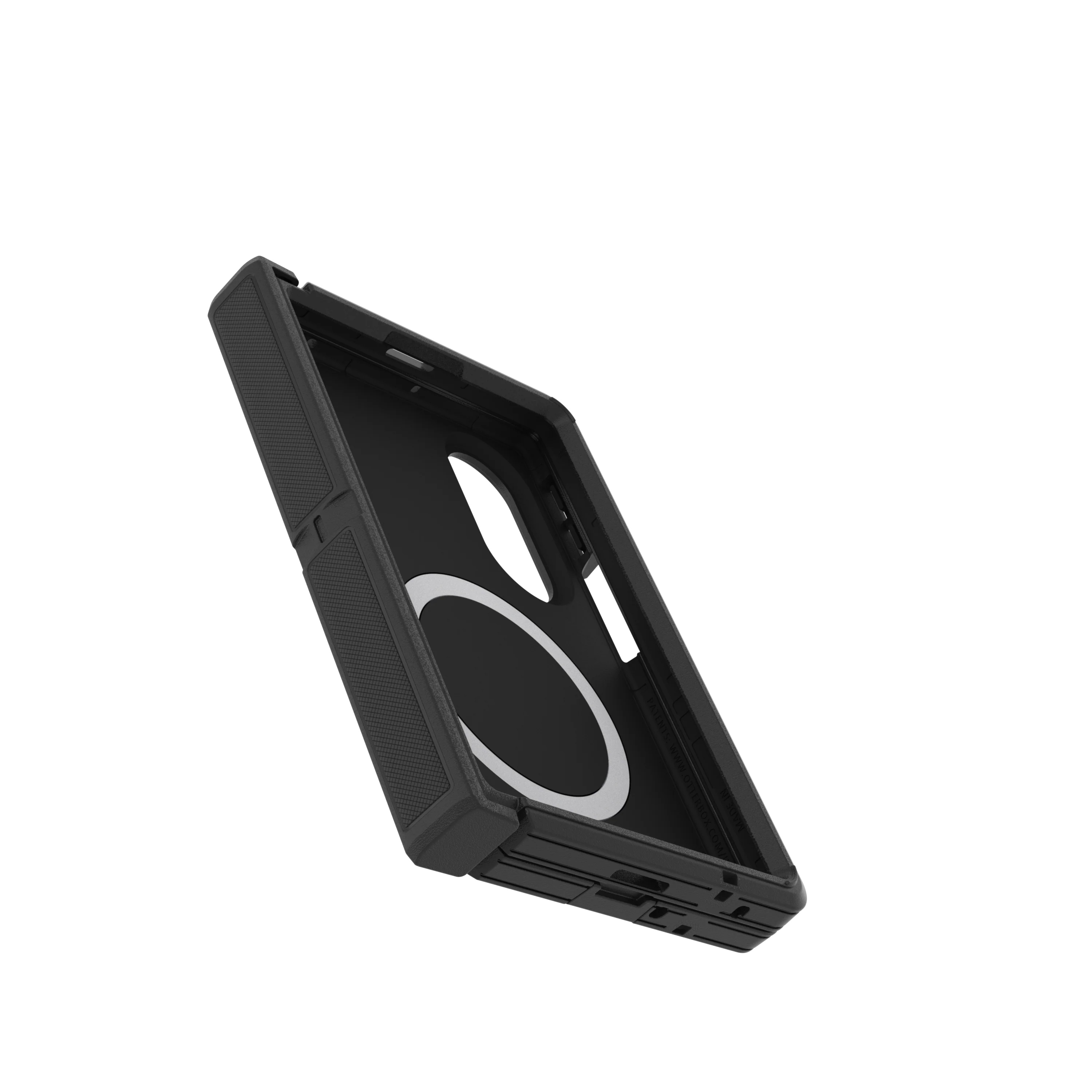 A black rugged smartphone case on a white background, angled to show its interior and magnetic ring.