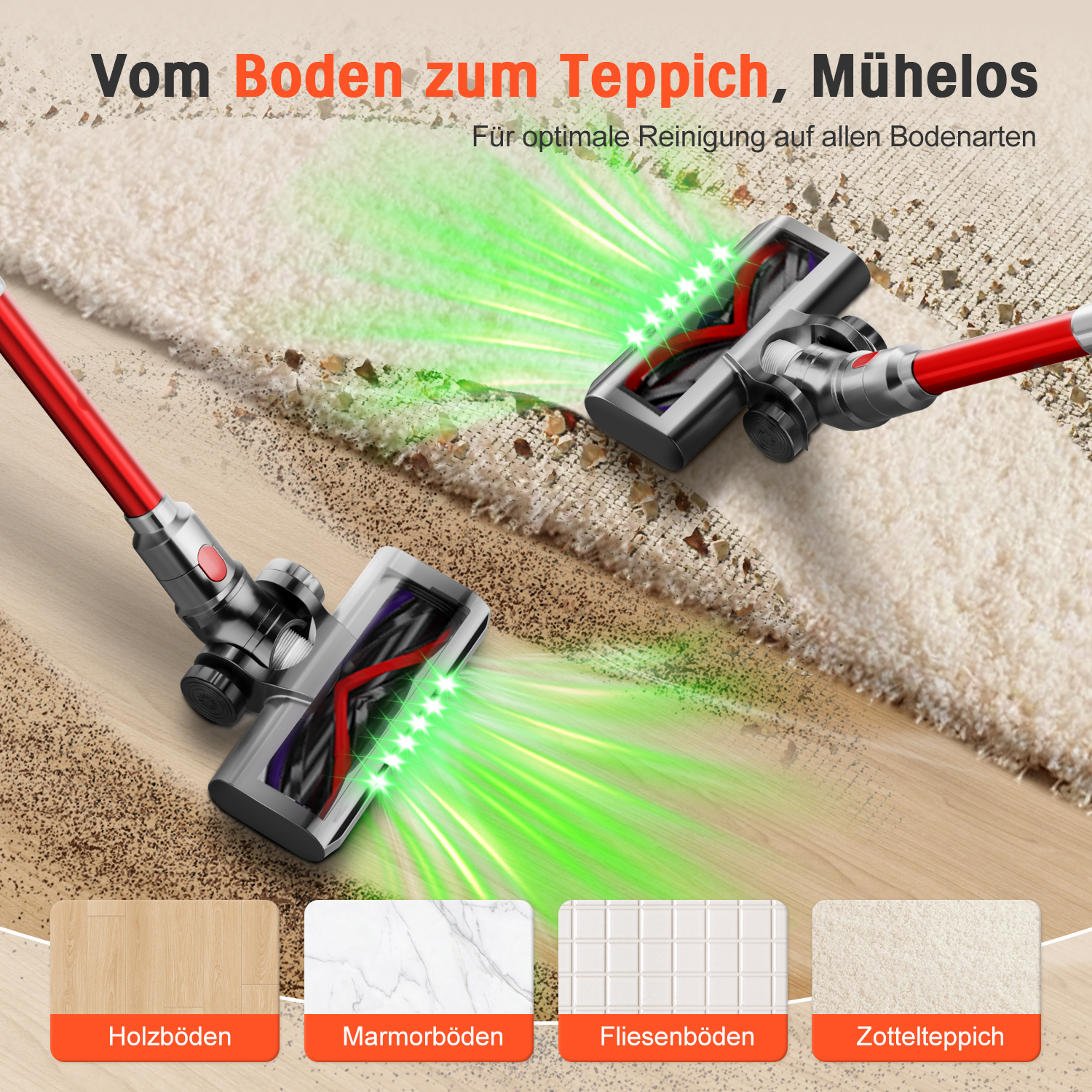 Zwei Staubsaugerbürsten reinigen mühelos Holzböden und Teppiche mit grünen Lichtstrahlen und Schmutz.