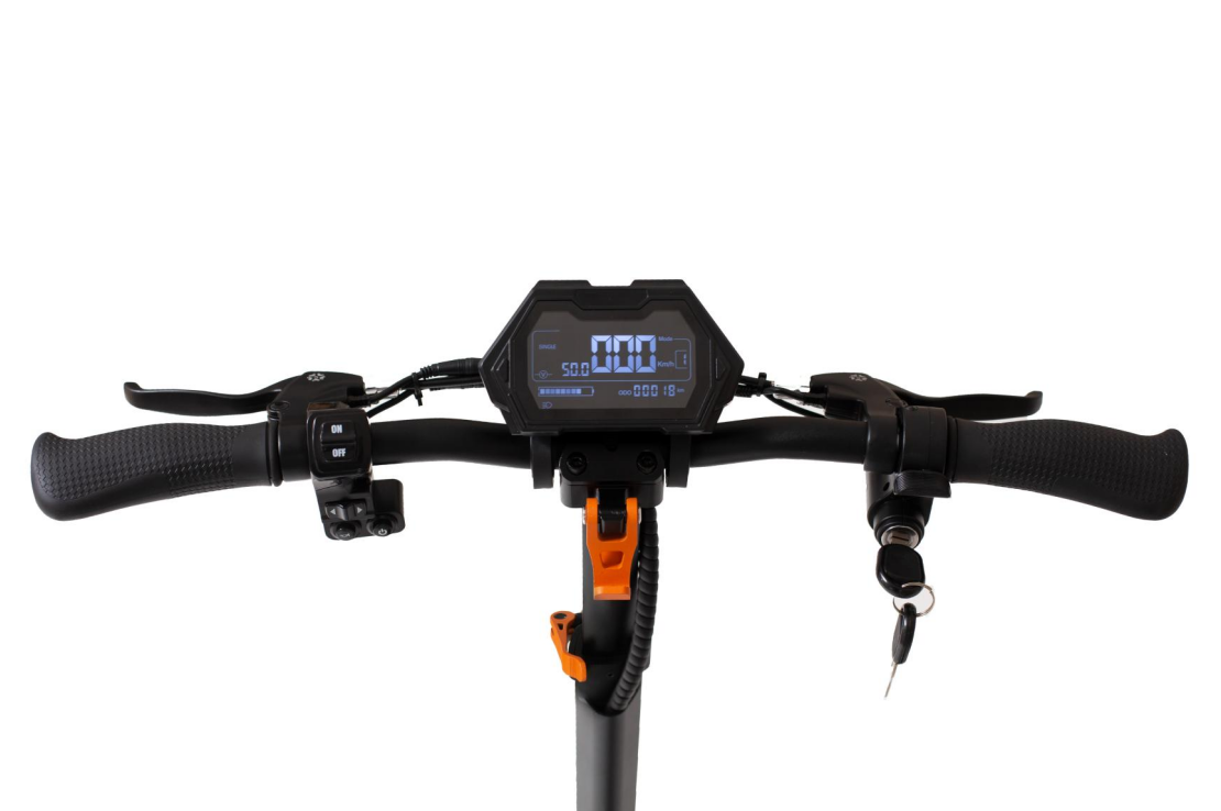 Manubrio di monopattino elettrico nero con display digitale, leve dei freni, manopole e chiave.