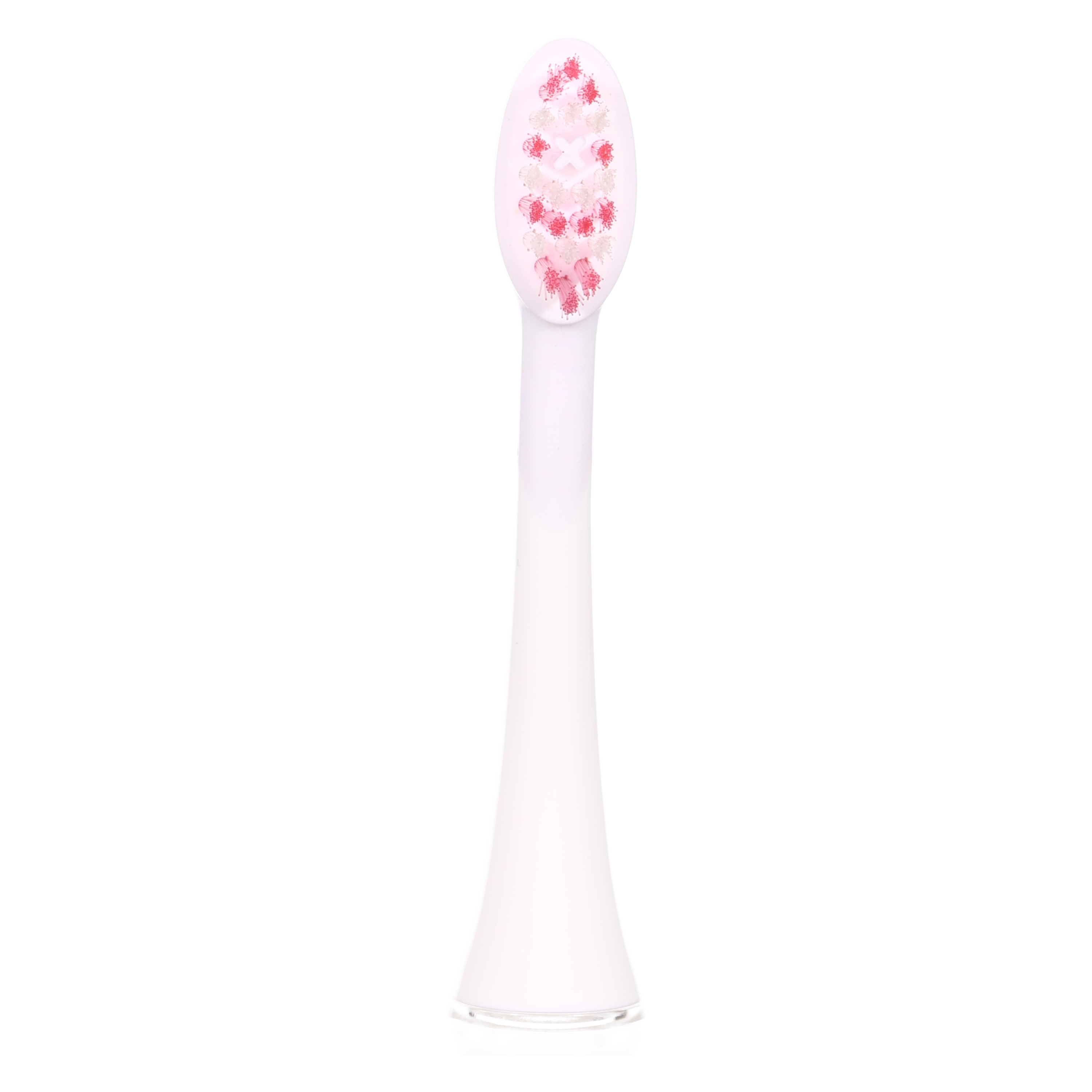 Un cabezal de cepillo de dientes eléctrico blanco con cerdas rosas y blancas sobre fondo blanco.