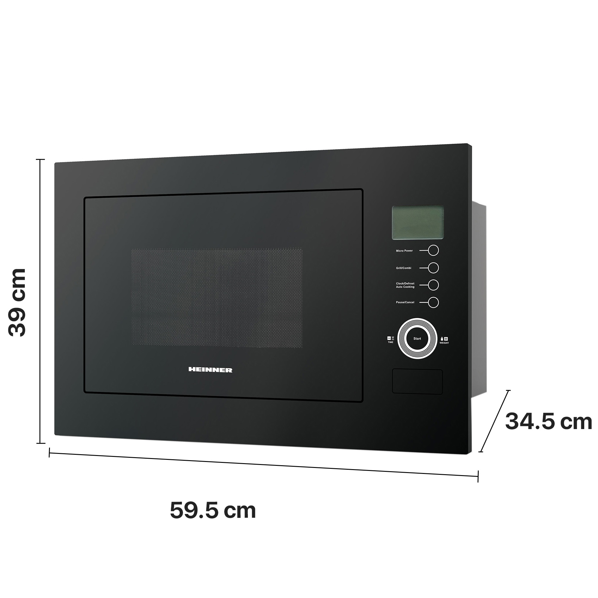 Black built-in microwave with dimensions 39 cm height, 59.5 cm width, and 34.5 cm depth, featuring a digital panel.