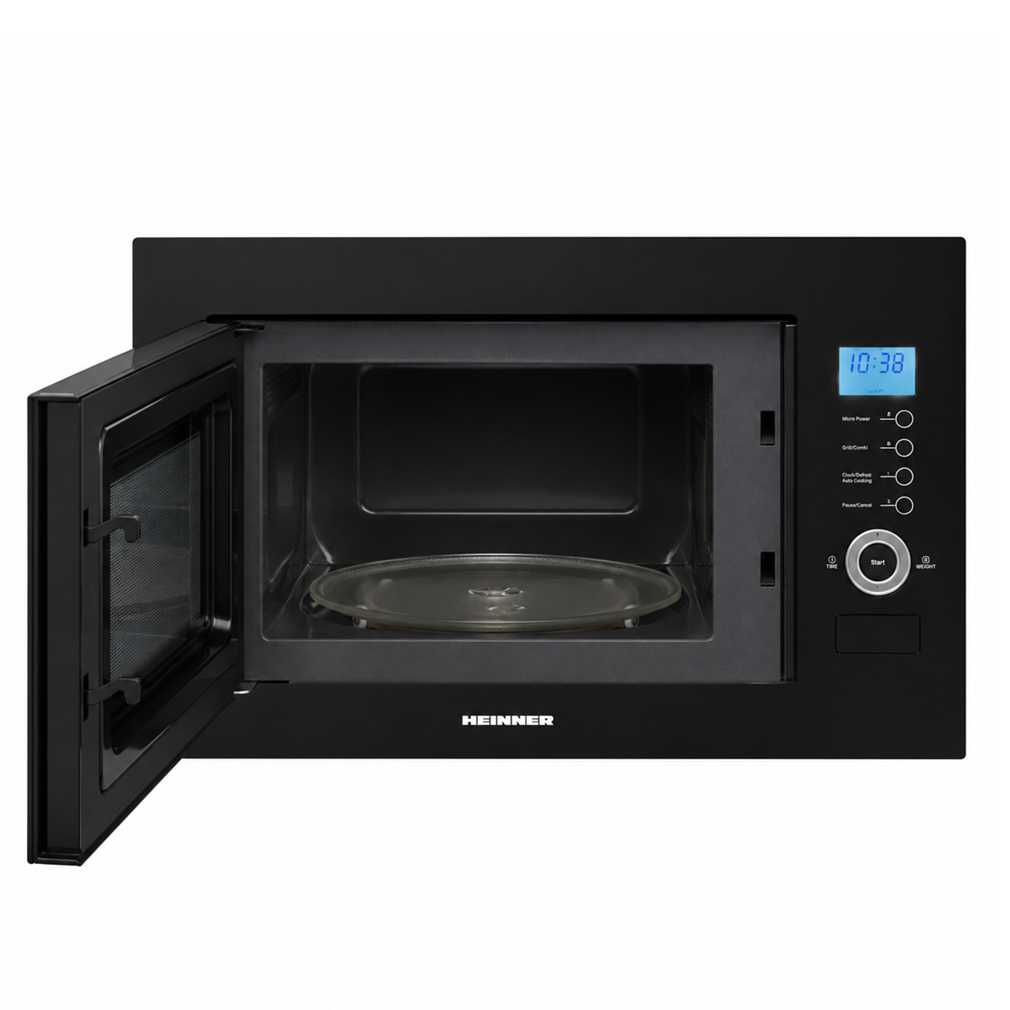 Black Heinner built-in microwave with open door, digital display, and glass turntable on a white background.