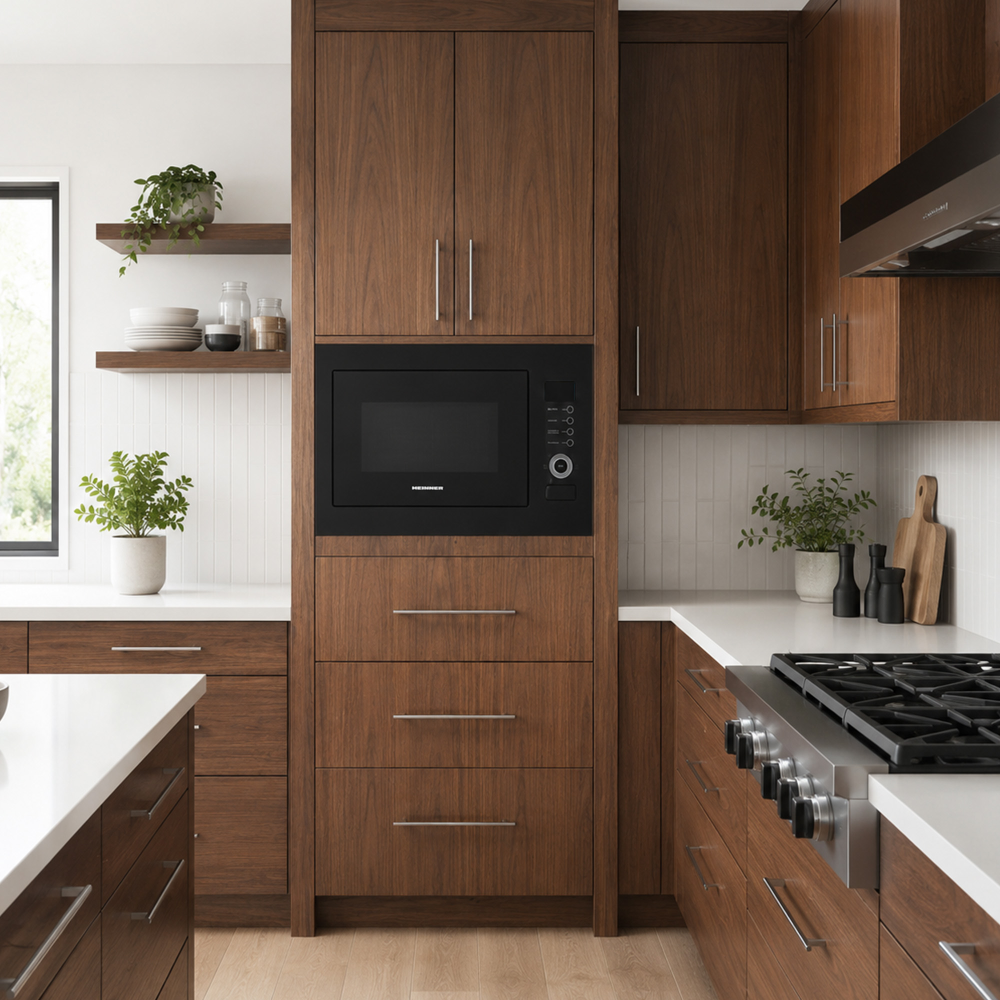 Modern kitchen with dark wood cabinets, white countertops, built-in microwave, gas stove, and potted plants.