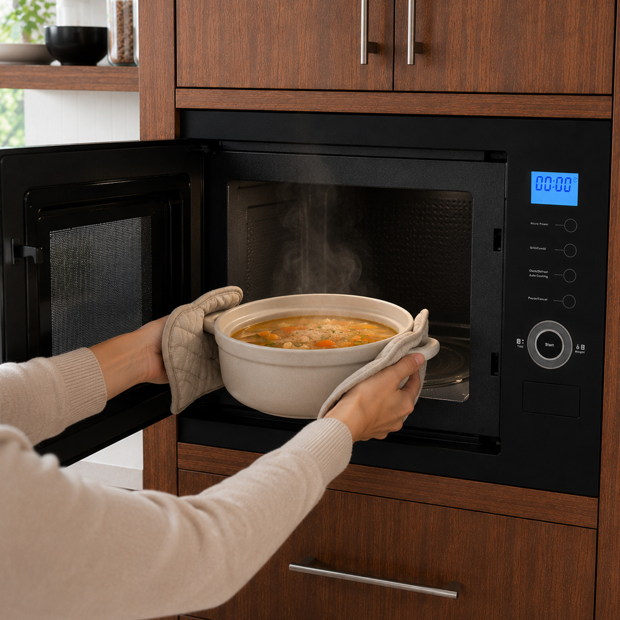 A person wearing oven mitts takes a steaming bowl of soup from an open microwave in a wooden kitchen.