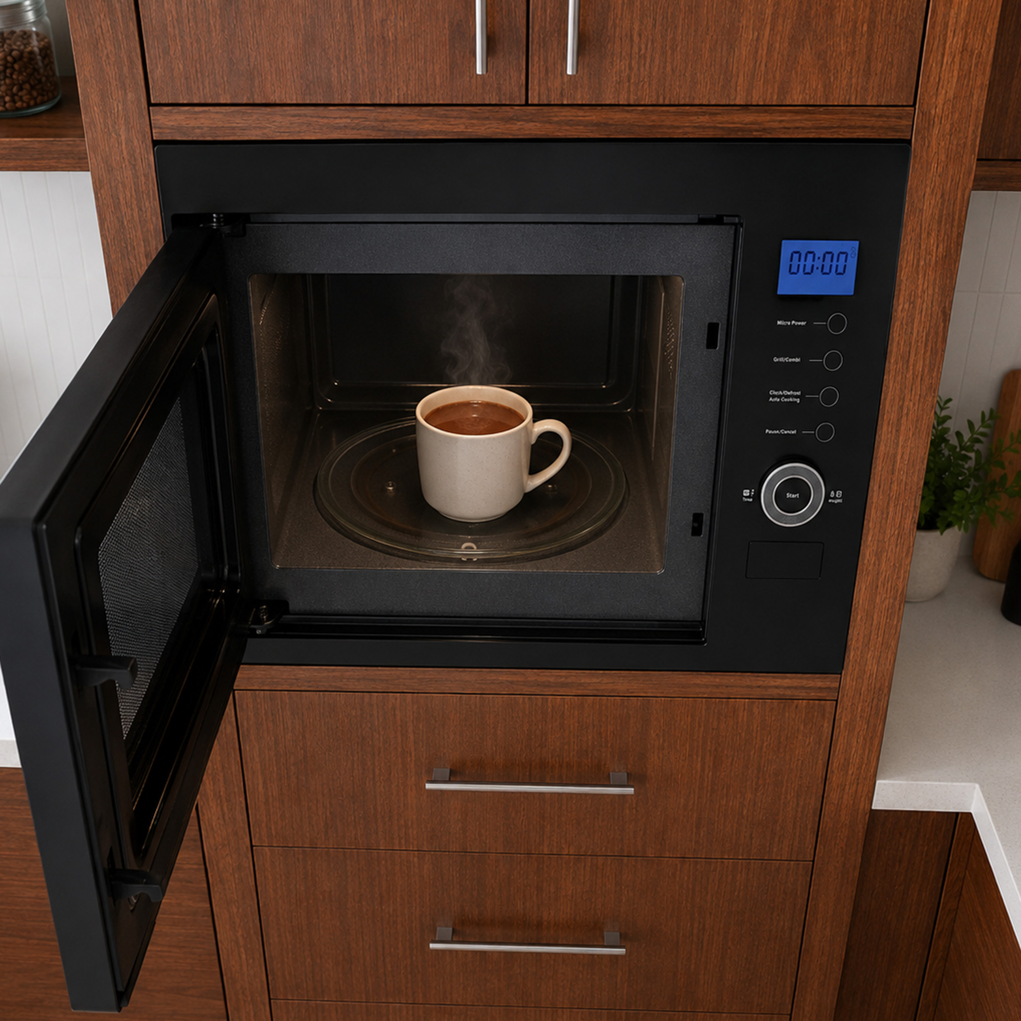 A cup of steaming coffee inside an open built-in microwave, surrounded by wooden kitchen cabinets.