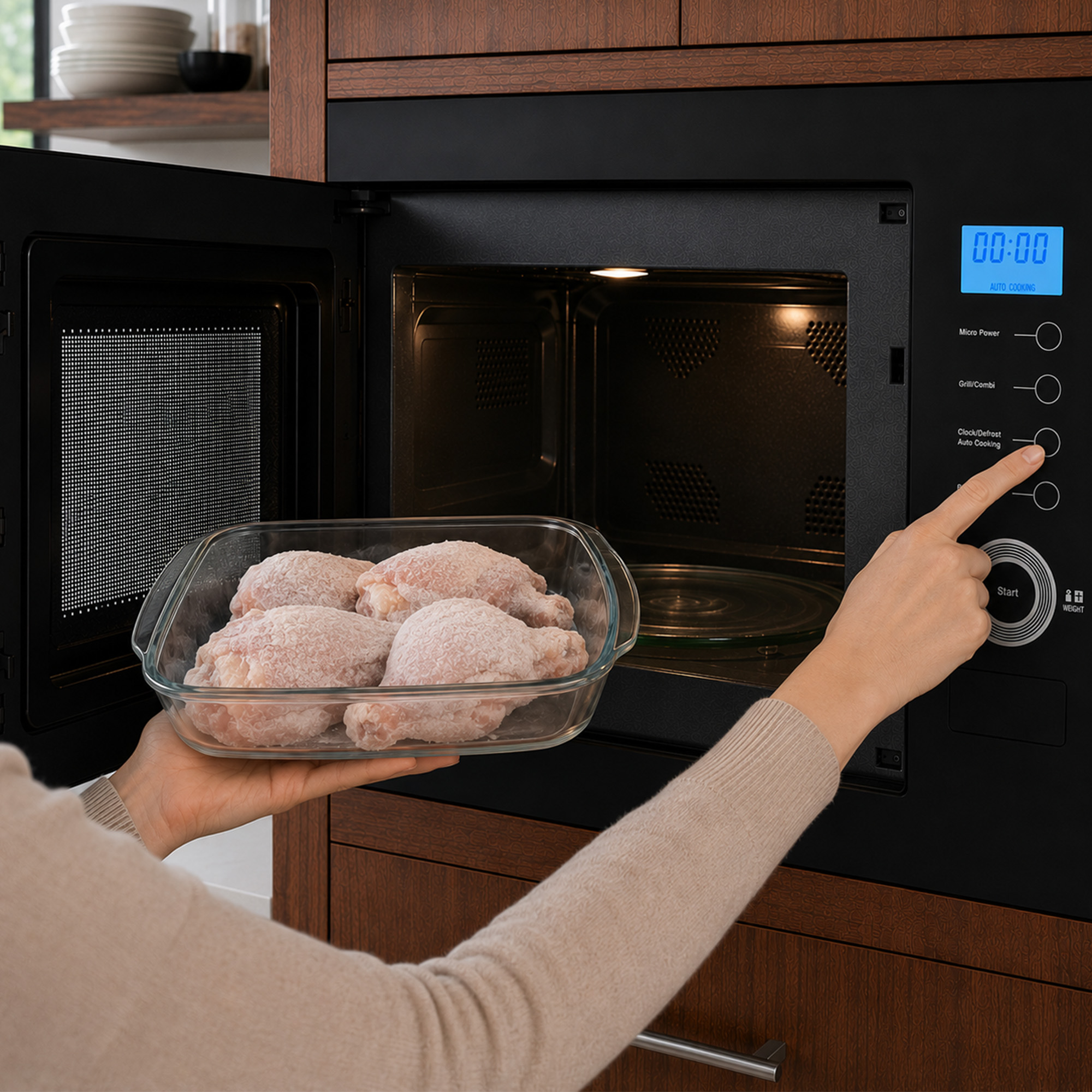 Person holding a glass dish with frozen chicken legs while pressing buttons on a black built-in microwave oven.