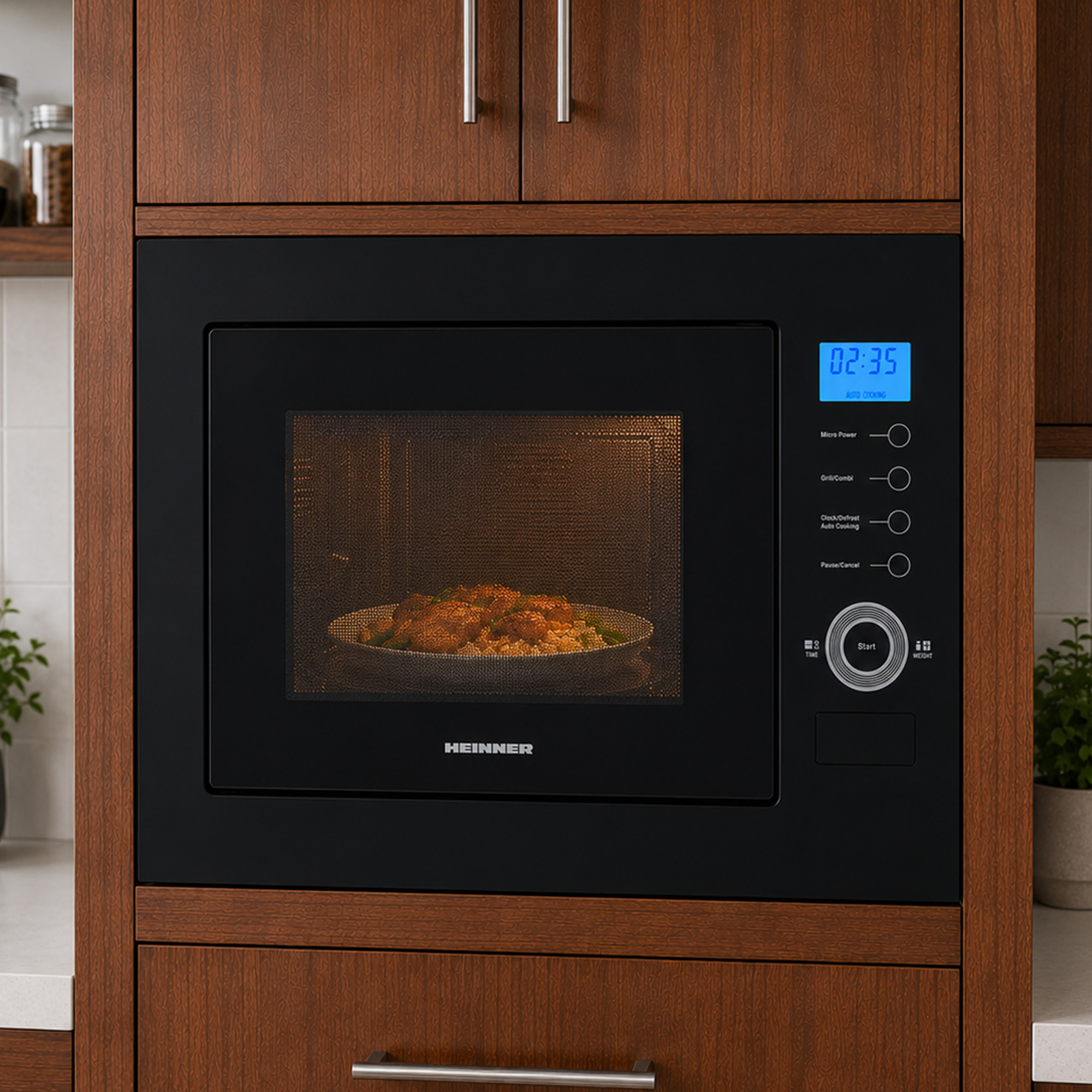 Built-in black microwave in wooden cabinets with food inside.