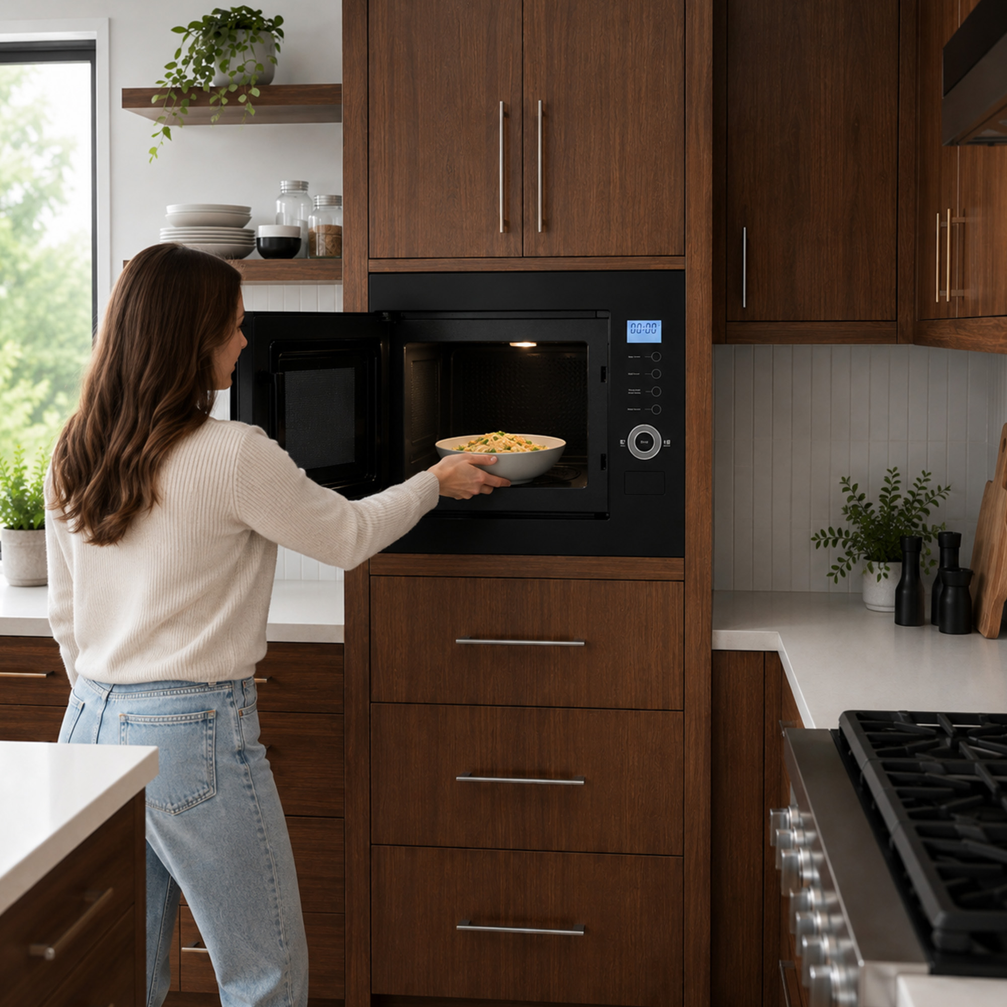 A woman places a bowl of food into a built-in microwave in a modern wooden kitchen.