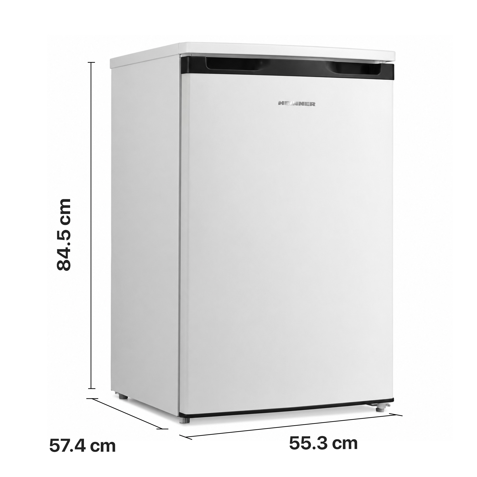 Weißer Kompaktkühlschrank mit Maßen: 84,5 cm Höhe, 55,3 cm Breite, 57,4 cm Tiefe vor weißem Hintergrund.