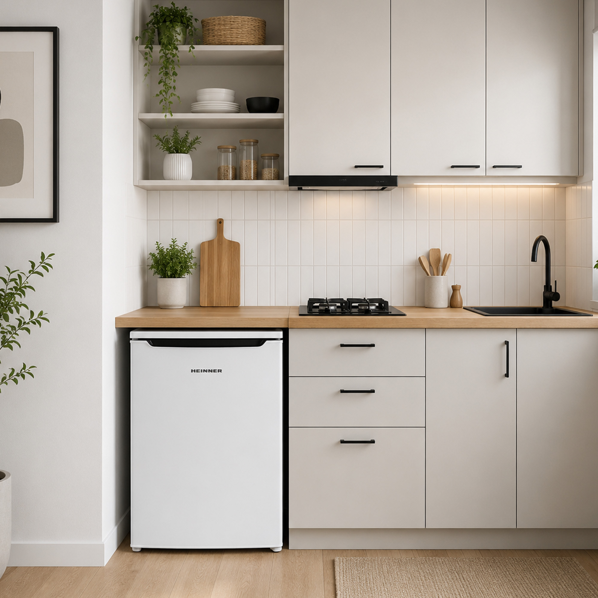 Moderne Küche mit weißen Schränken, Holzarbeitsplatte, schwarzem Waschbecken und integriertem Minikühlschrank.