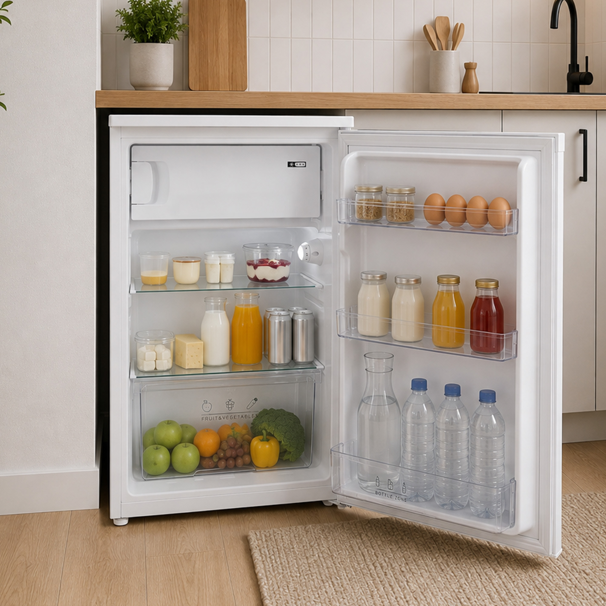 Ein offener weißer Mini-Kühlschrank ist in einer modernen Küche mit Milch, Saft, Obst, Gemüse, Eiern und Getränken gefüllt.