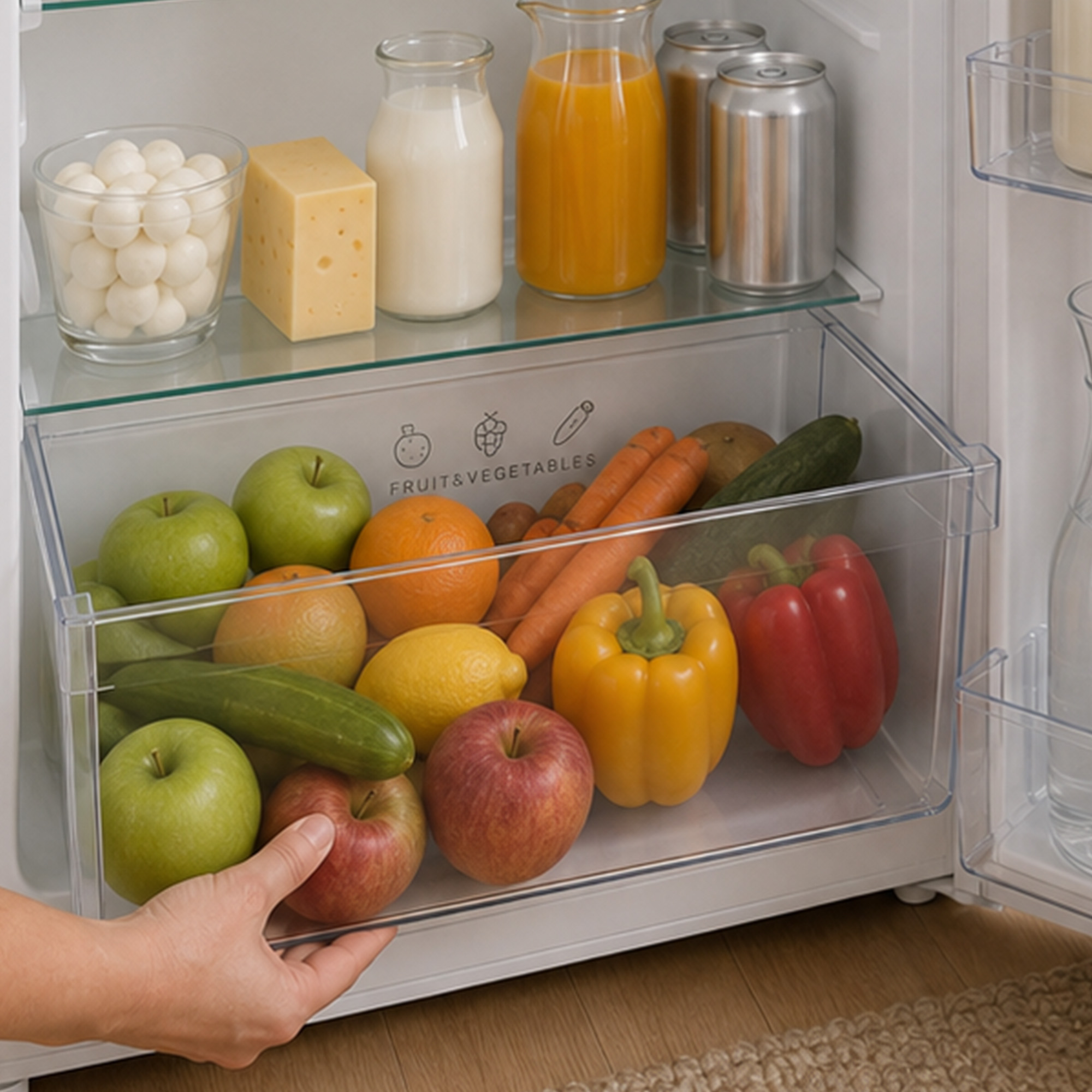 Ein offener Kühlschrank gefüllt mit Milch, Saft, Käse und Gemüse in der unteren Schublade.