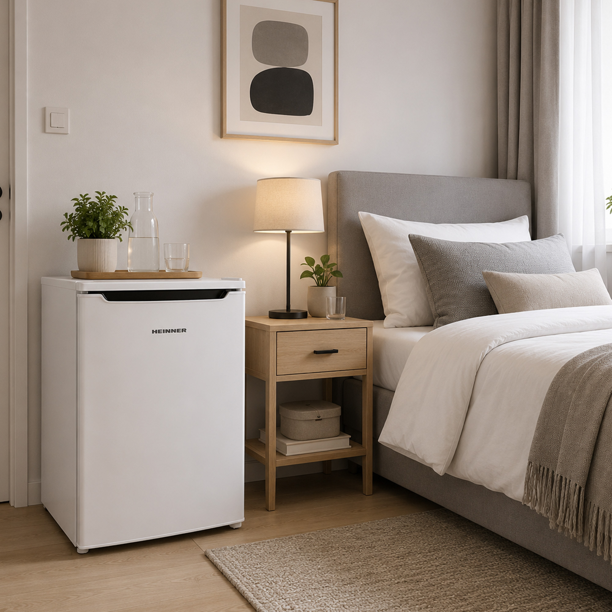 Ein weißer Mini-Kühlschrank steht in einem gemütlichen Schlafzimmer neben einem Holznachtisch mit Lampe und Bett.